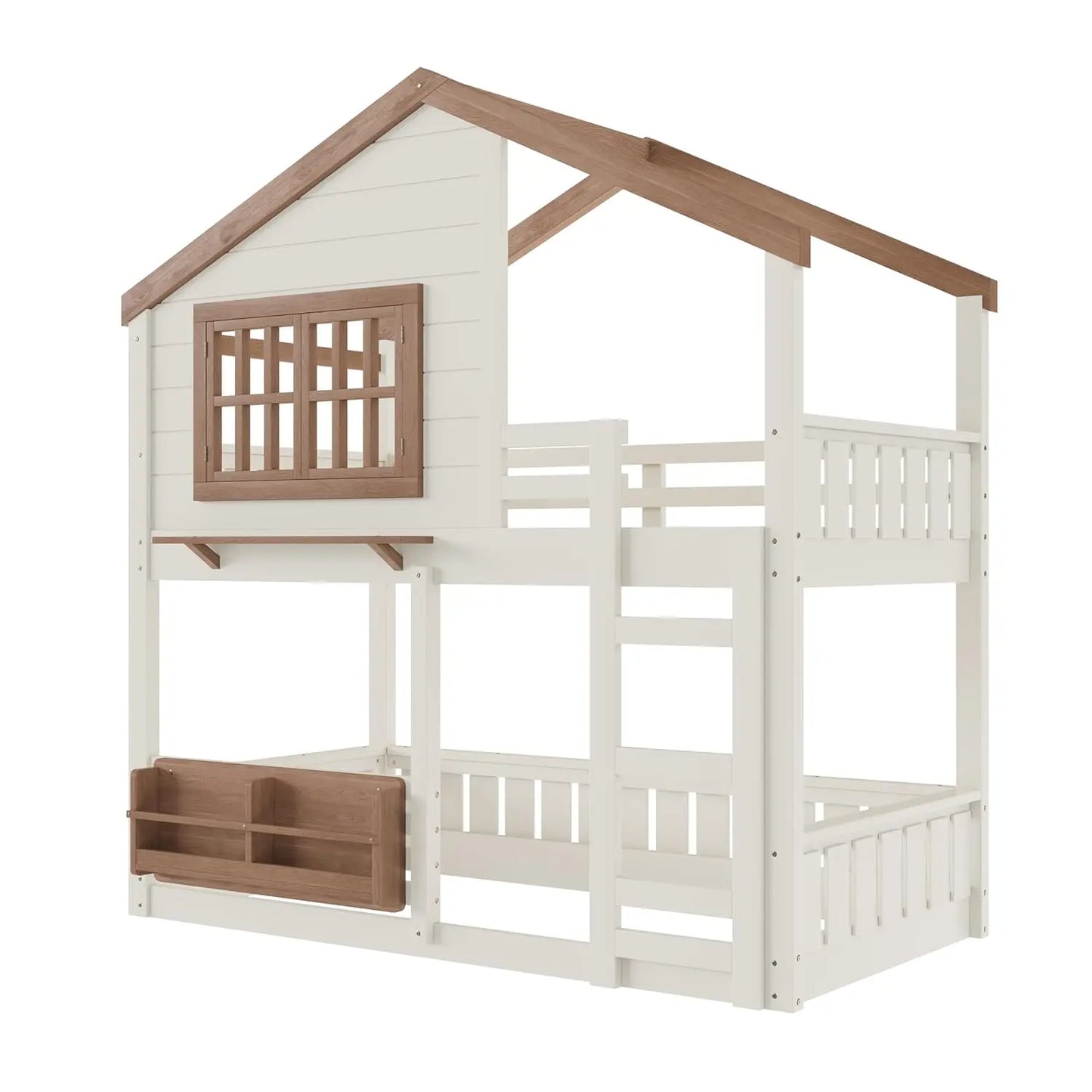 Twin Bunk Bed Window Roof Bookshelf Ladder Guardrail Solid Wood Playhouse Kids Bedroom, Custom