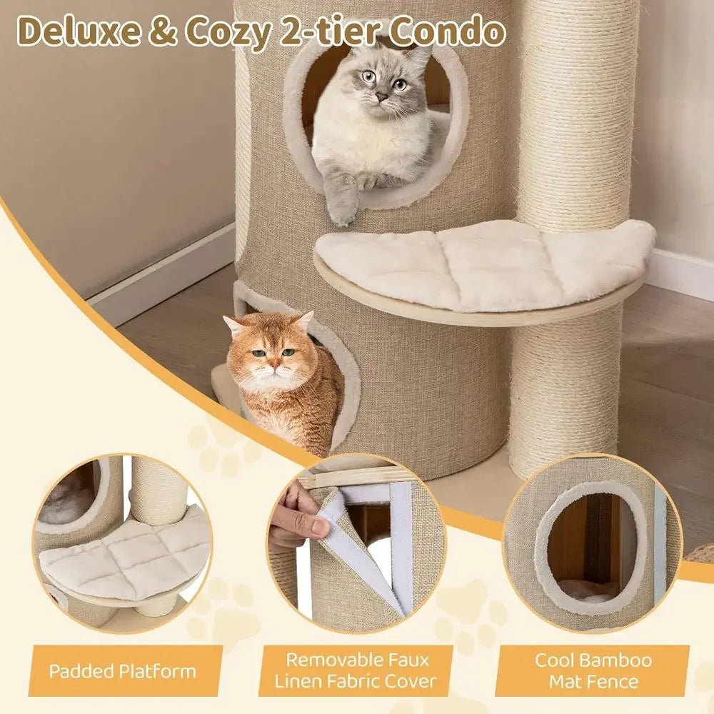 61 Multi-Level Tall Cat Tower with 2 Condos, Top Perch, Sisal Posts, Carpet, Hammock, Balls, Removable Bed for Indoor Cats