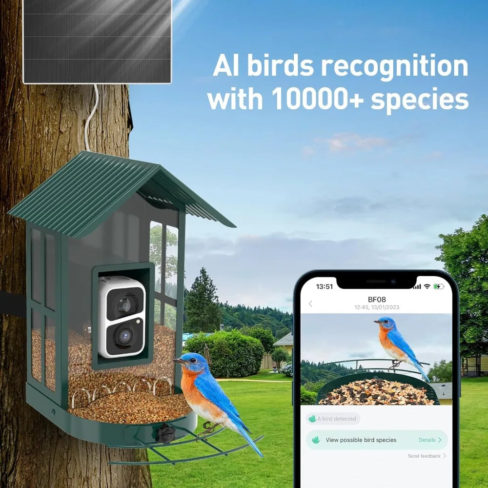 Soliom- Bird Feeder with Camera, 5W Solar Powered, AI Identify Species, Smart Wild Bird Watching, 2K