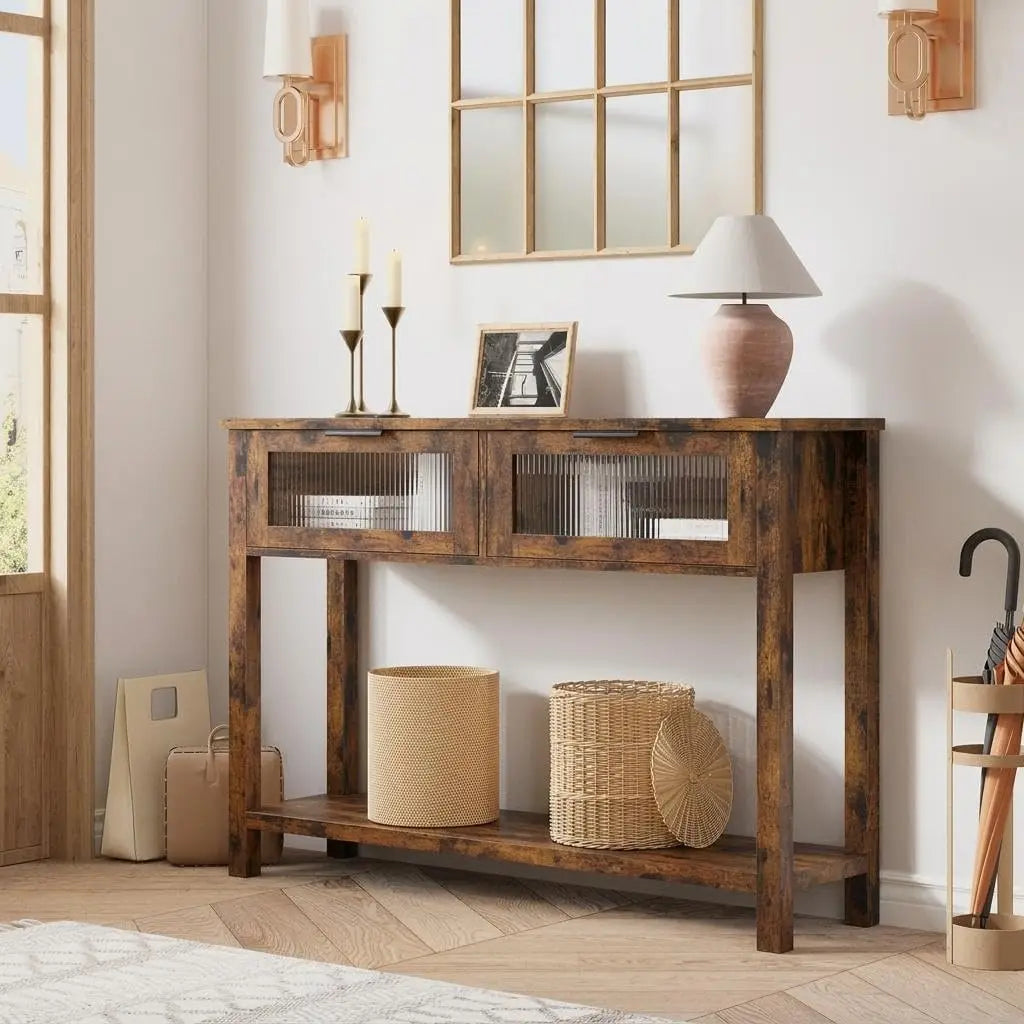 Narrow Console Table 2 Glass-Front Drawers 2-Tier Wood Sofa/Entryway Table with Open Storage Shelf for Living Room Hallway Foyer
