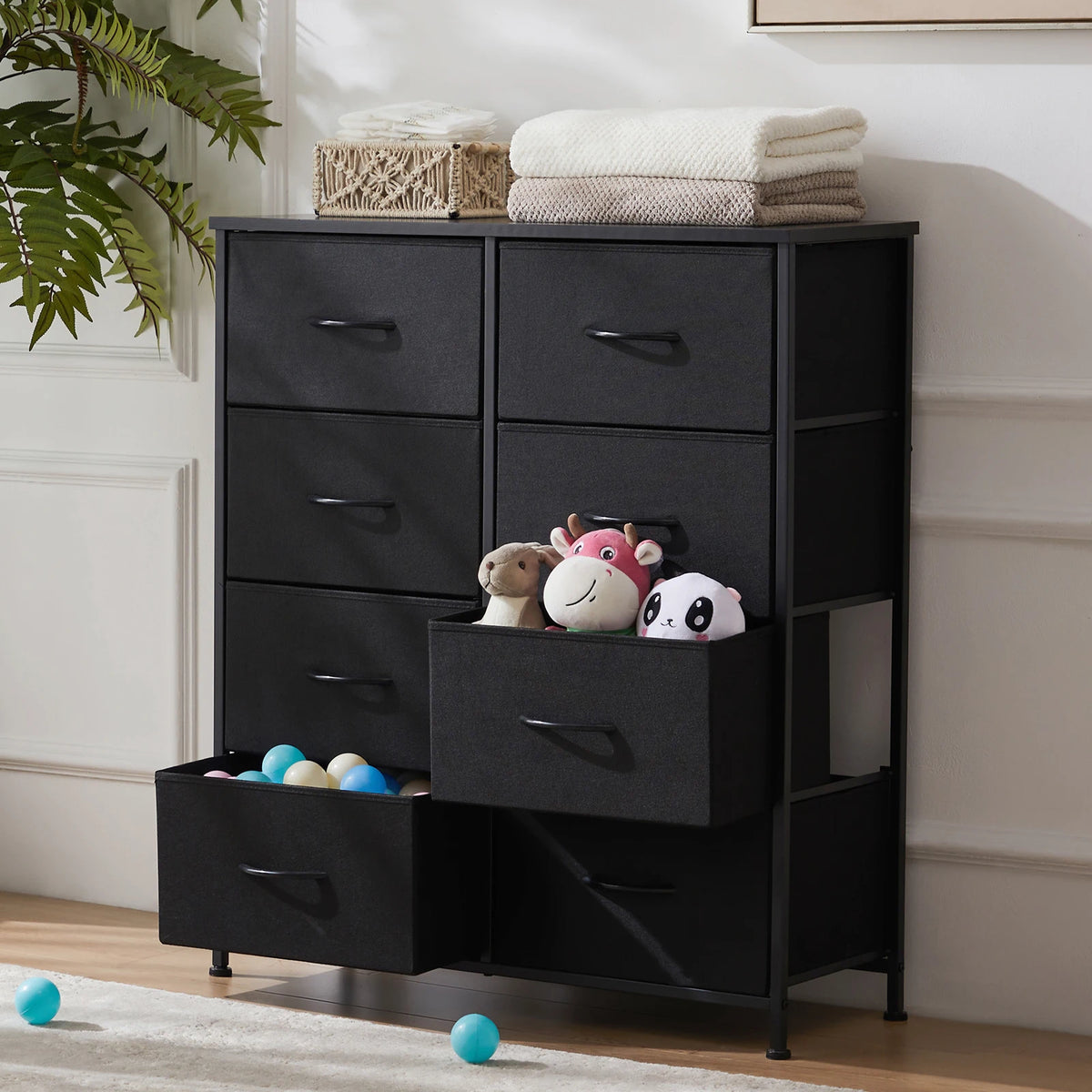 MCQ 8 Fabric Drawers Cabinet with Wood Top For Living Room Storage Cabinet Organizer with Mental Frame Beside Nightstand Dresser Tables Display Furniture