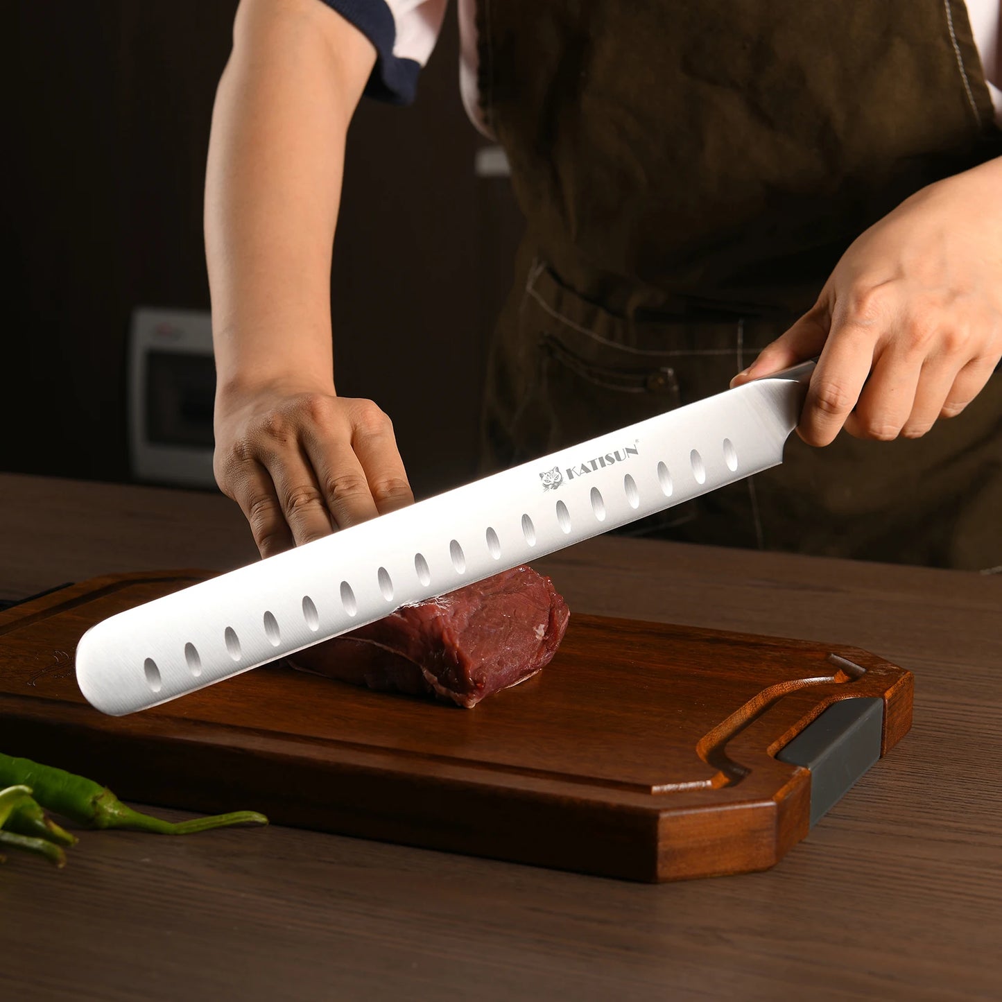 13 Inch Round Tip Ham Slicing Knife, Ultra Sharp German Premium Carbon Steel Brisket Knife Meat Cleaver