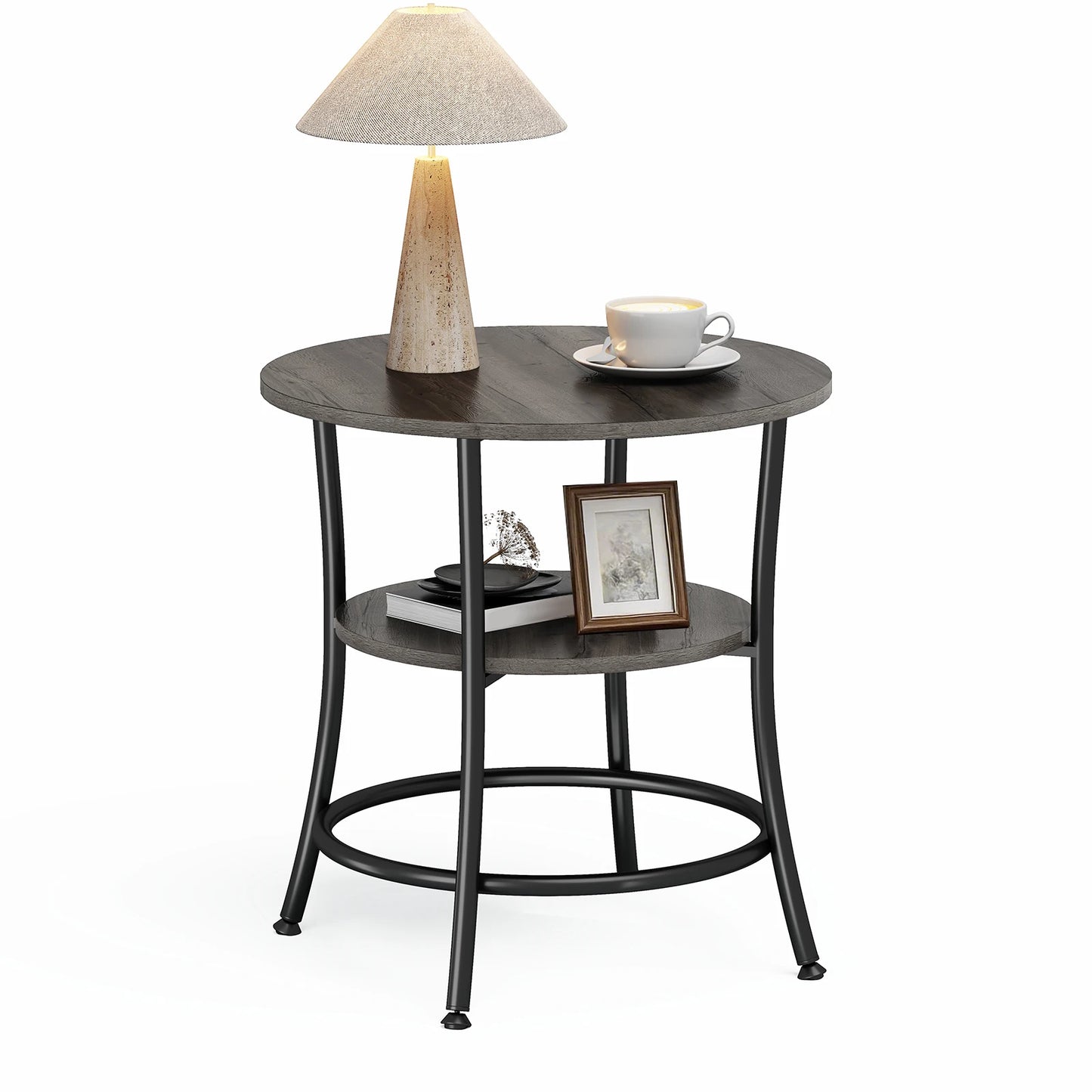 JHK 21.85 Inch Round Coffee Tables End Table 2-Tier Side Round Table for Living Room Accent Table with Storage Shelf Sturdy Metal Frame Nightstand for Small Space Round Bedside