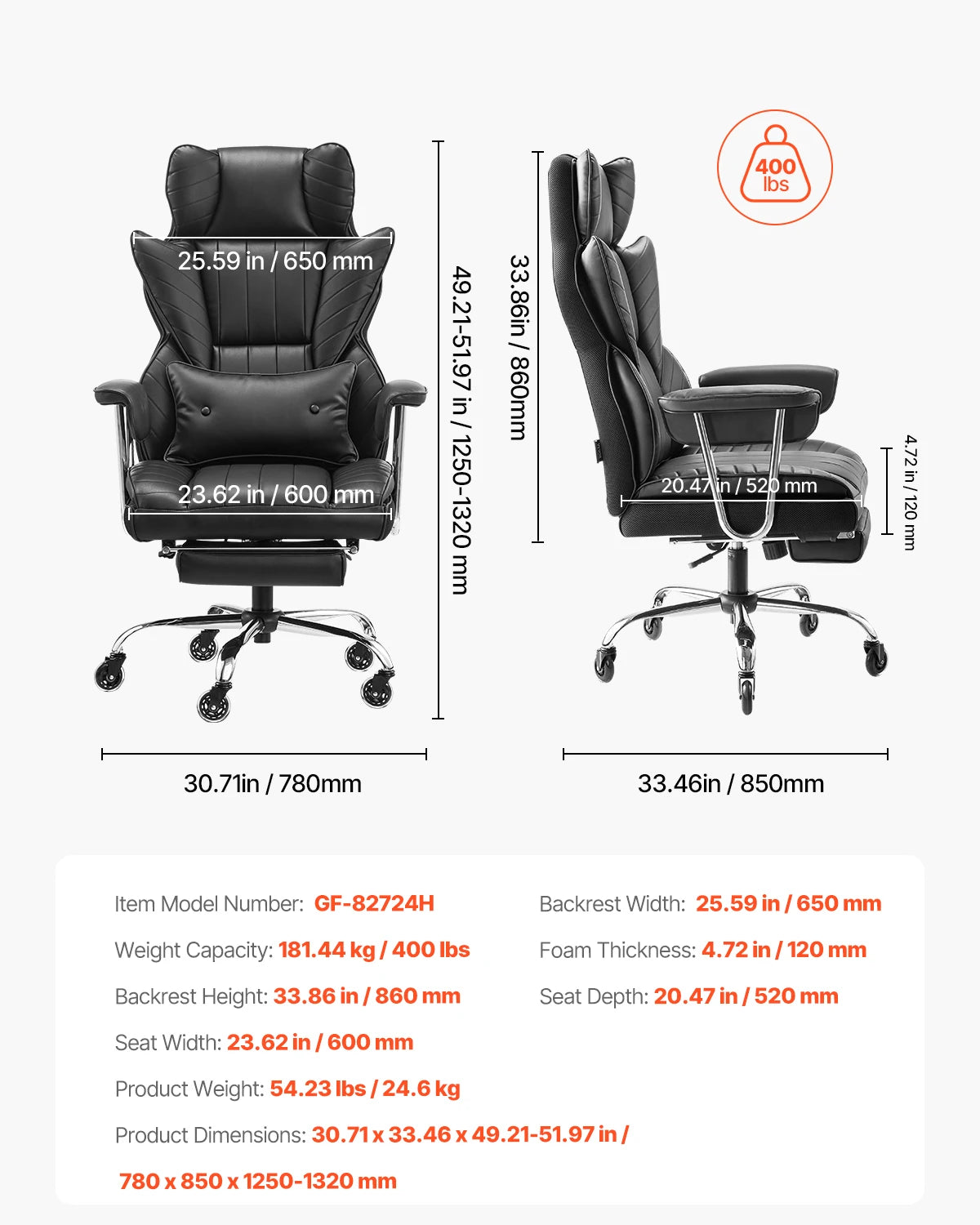 SucceBuy Executive Office Chair 300/400lb Capacity Chair Height Adjustable Ergonomic PU Leather Reclining Home Office Chair