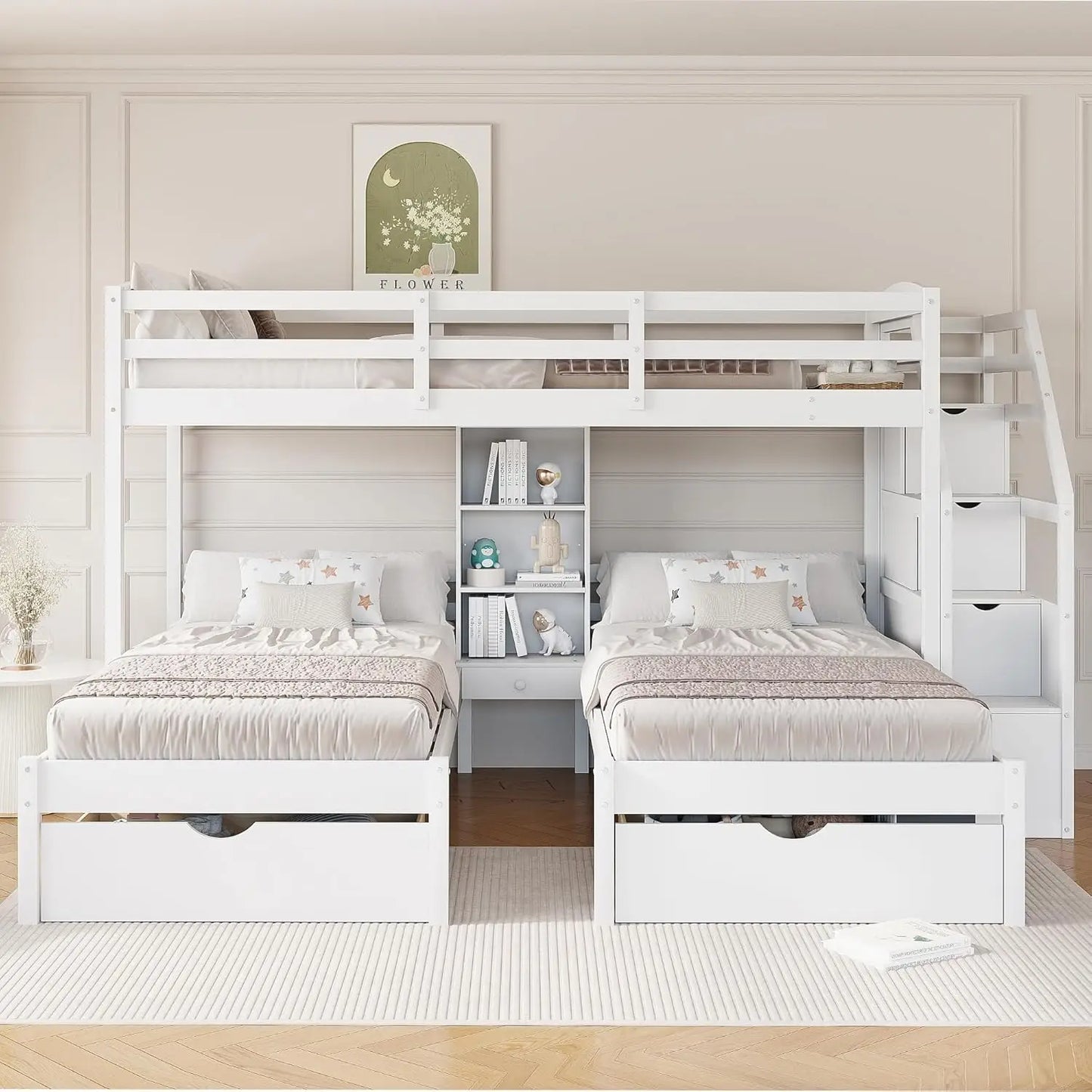 Triple Twin Bunk Bed Frame with Drawers Staircase Storage Shelves Solid Wood Sturdy Support Bedroom, Custom