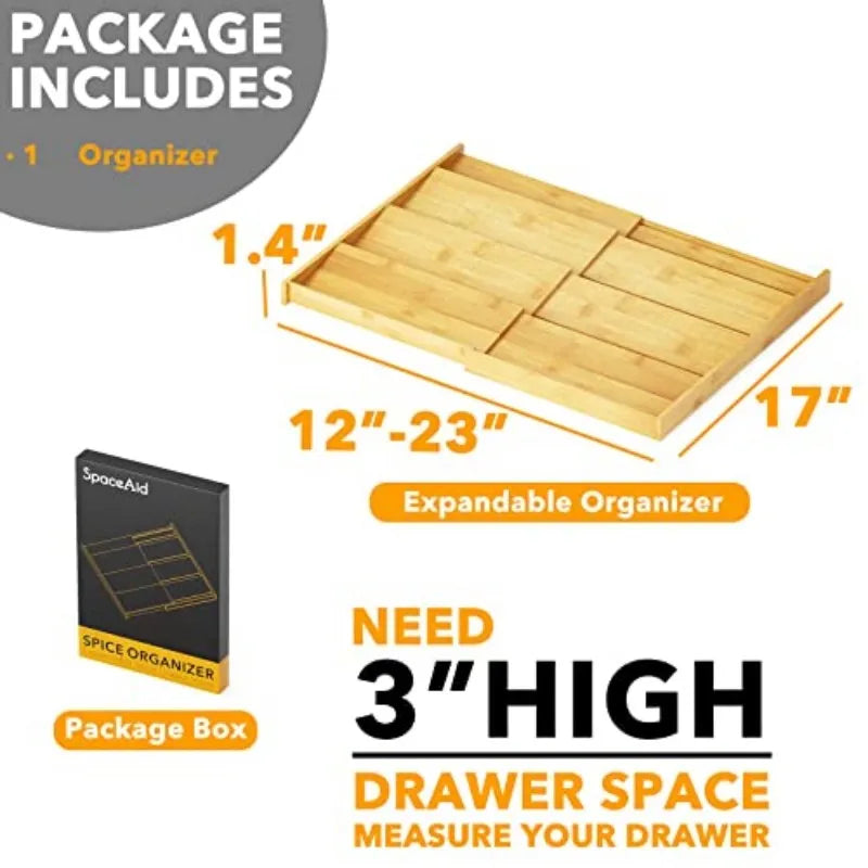 SpaceAid Bamboo Spice Drawer Organizer, (Need 3" Deep Drawer) Expandable 4 Tier Spices Rack for Cabinet, Kitchen Seasoning Storage Insert (Jars Not Included, From 12" to 23" Wide)