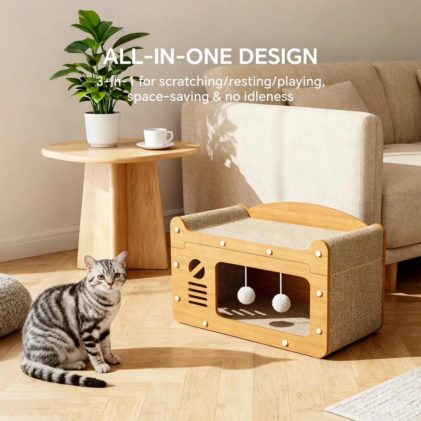 2 In 1 Double Layer Cardboard Cat Scratcher Lounge Bed Bubble Fish Star Moon Double Cat Head Pattern Detachable Upper Platform Cat Hideaway With 2 Hanging Pom Pom Balls For Multi Cat Households