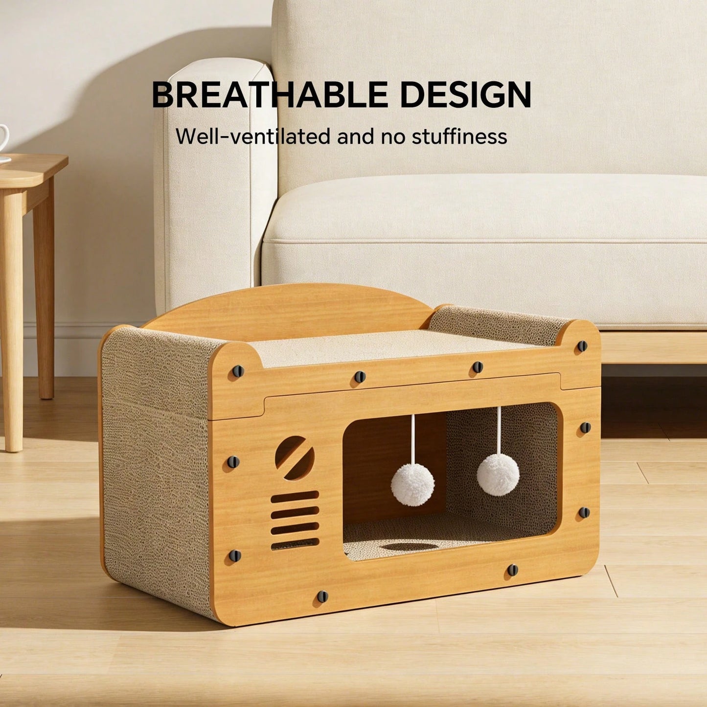 2 In 1 Double Layer Cardboard Cat Scratcher Lounge Bed Bubble Fish Star Moon Double Cat Head Pattern Detachable Upper Platform Cat Hideaway With 2 Hanging Pom Pom Balls For Multi Cat Households