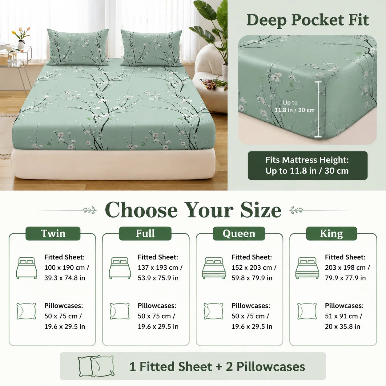 3Pcs Floral Fitted Sheet Set Soft Blossom Bed Sheet with 2 Pillowcases Deep Pocket Printed Bedding for Twin Full Queen King