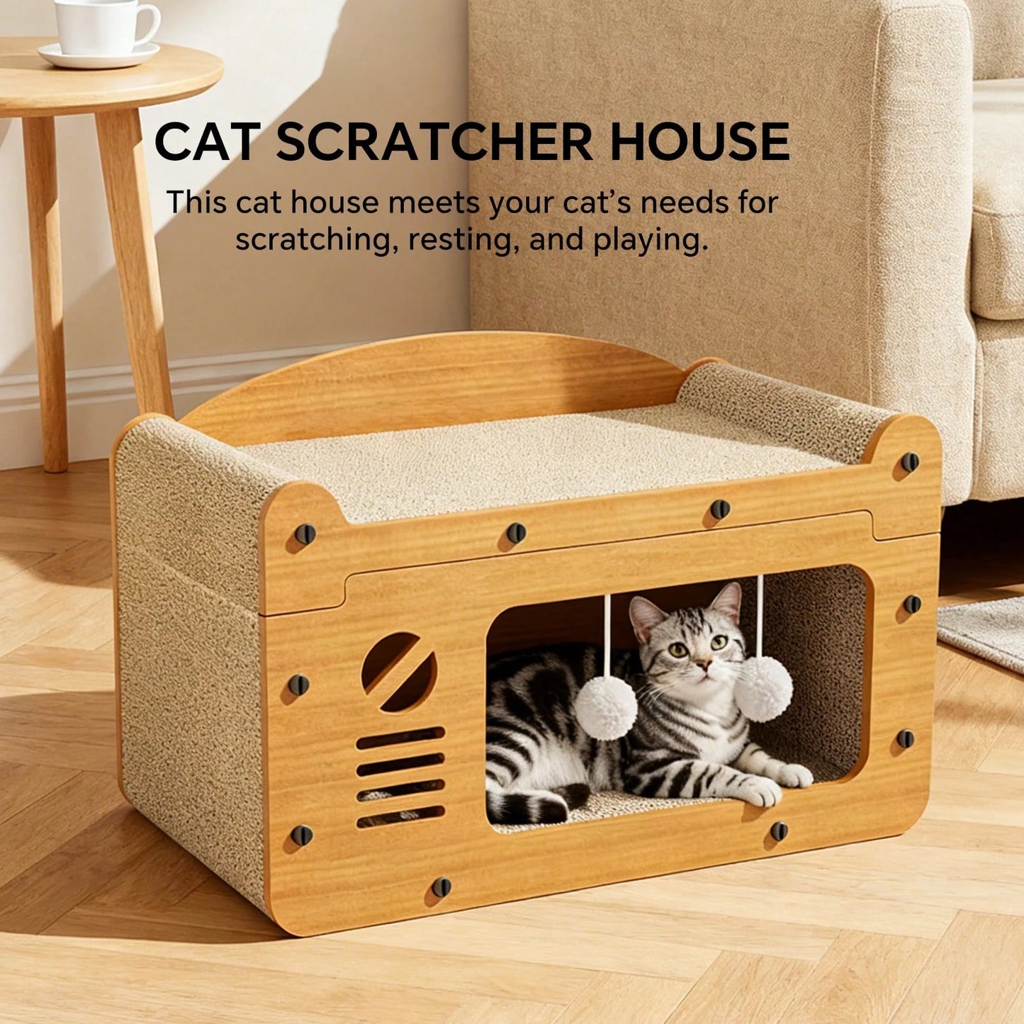 2 In 1 Double Layer Cardboard Cat Scratcher Lounge Bed Bubble Fish Star Moon Double Cat Head Pattern Detachable Upper Platform Cat Hideaway With 2 Hanging Pom Pom Balls For Multi Cat Households