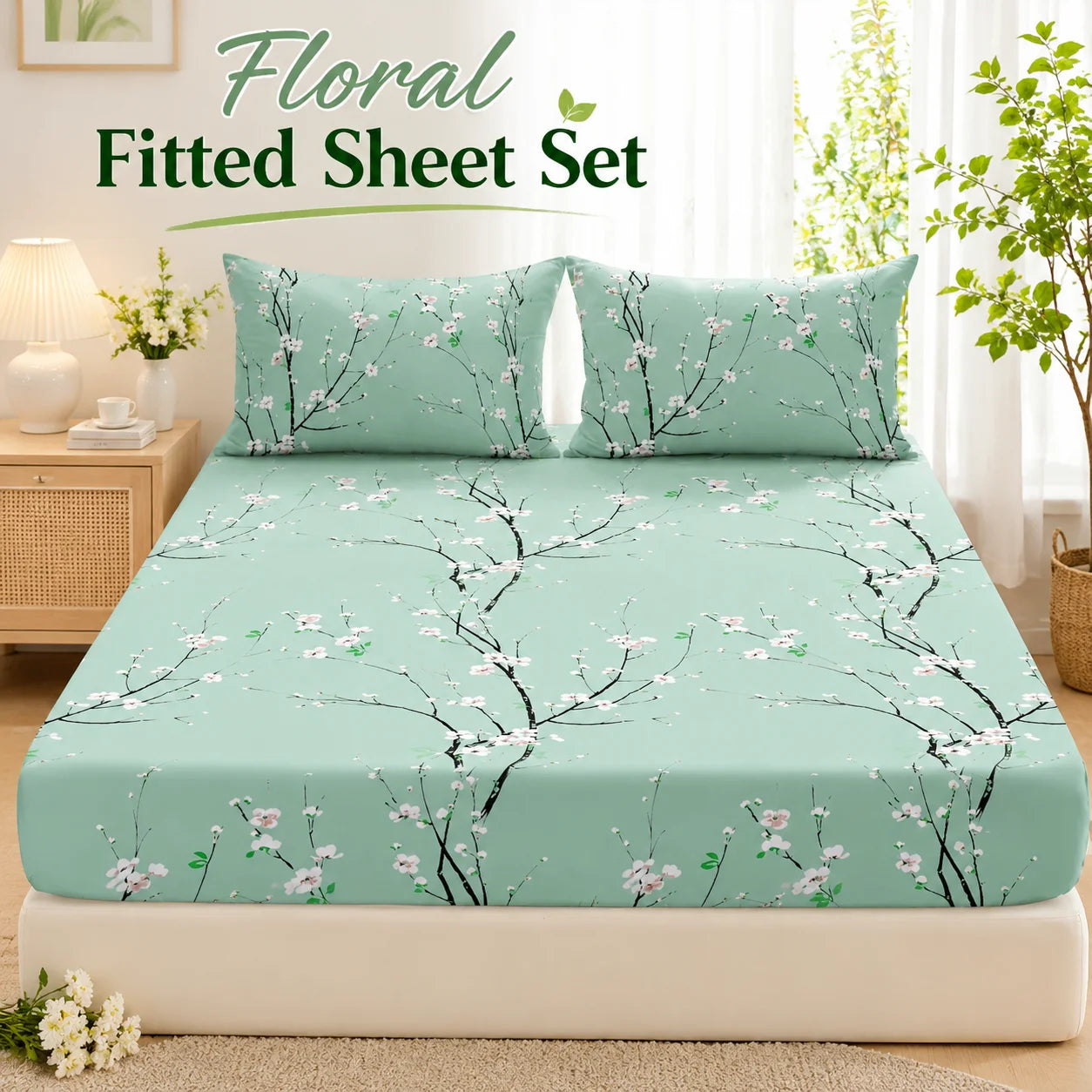 3Pcs Floral Fitted Sheet Set Soft Blossom Bed Sheet with 2 Pillowcases Deep Pocket Printed Bedding for Twin Full Queen King