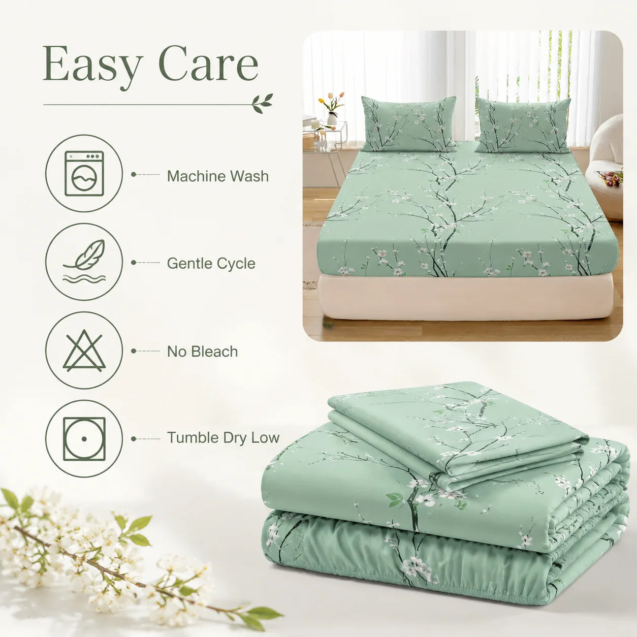 3Pcs Floral Fitted Sheet Set Soft Blossom Bed Sheet with 2 Pillowcases Deep Pocket Printed Bedding for Twin Full Queen King