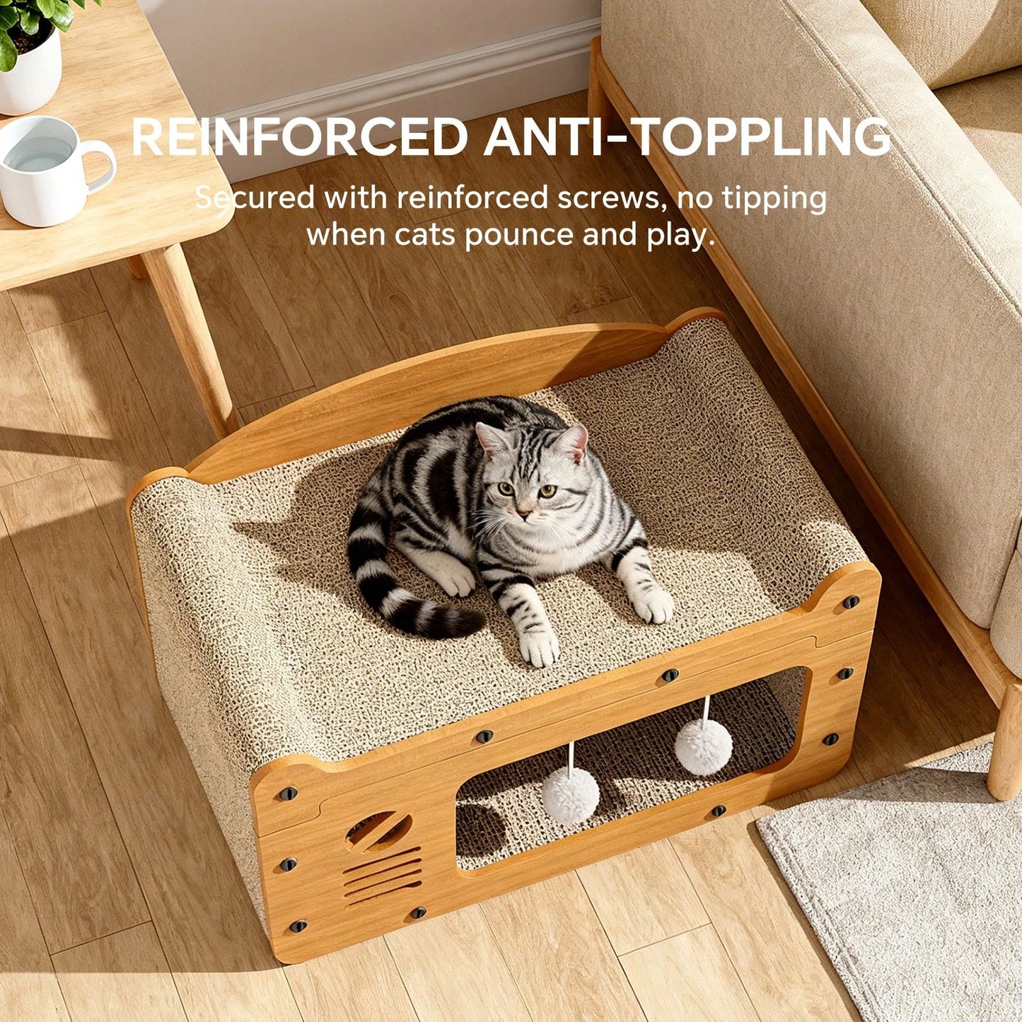 2 In 1 Double Layer Cardboard Cat Scratcher Lounge Bed Bubble Fish Star Moon Double Cat Head Pattern Detachable Upper Platform Cat Hideaway With 2 Hanging Pom Pom Balls For Multi Cat Households