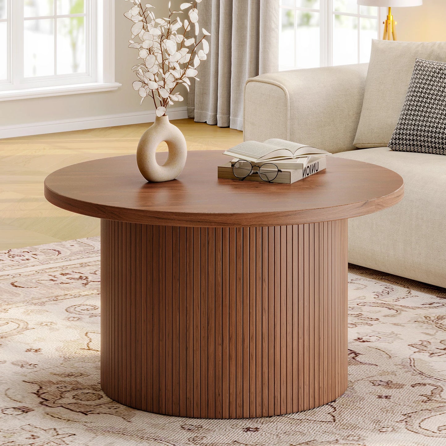 31.5" Round Coffee Table,Tambour Design Coffee Tables,Mid Century Modern Wood Coffee Table,Drum Accent Small Center Table,Walnut