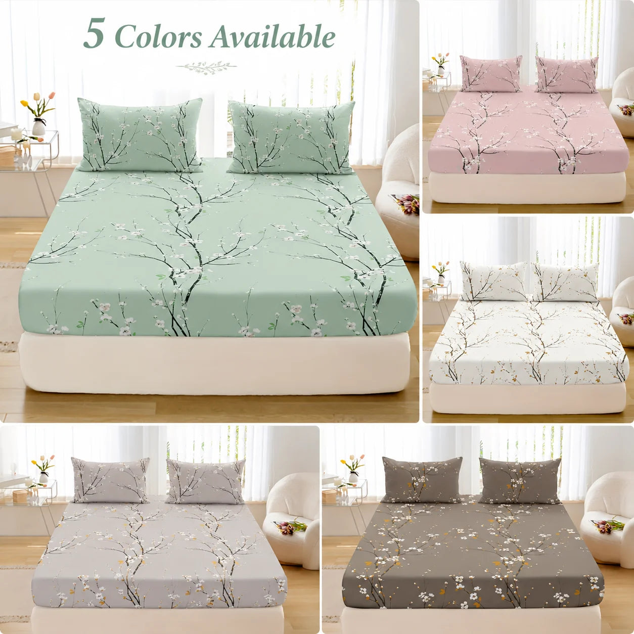 3Pcs Floral Fitted Sheet Set Soft Blossom Bed Sheet with 2 Pillowcases Deep Pocket Printed Bedding for Twin Full Queen King