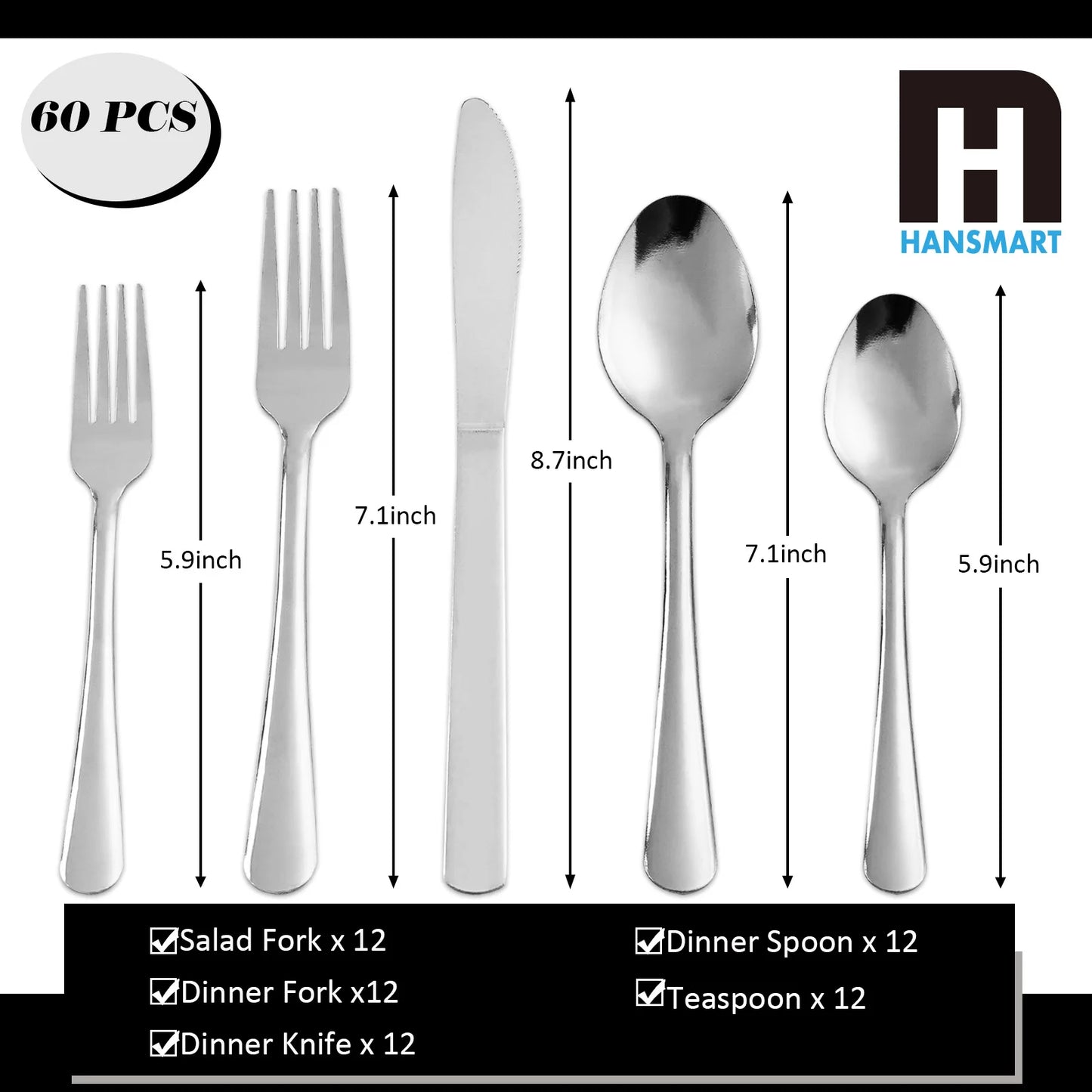 HANSMART 60Pcs Stainless Steel Flatware Set Service for 12 Vertical Ribbed Handle Silverware Cutlery Set Dinner Fork Salad Fork Spoon Knife Kitchen Tableware Dishwasher Safe Home Wedding Gift