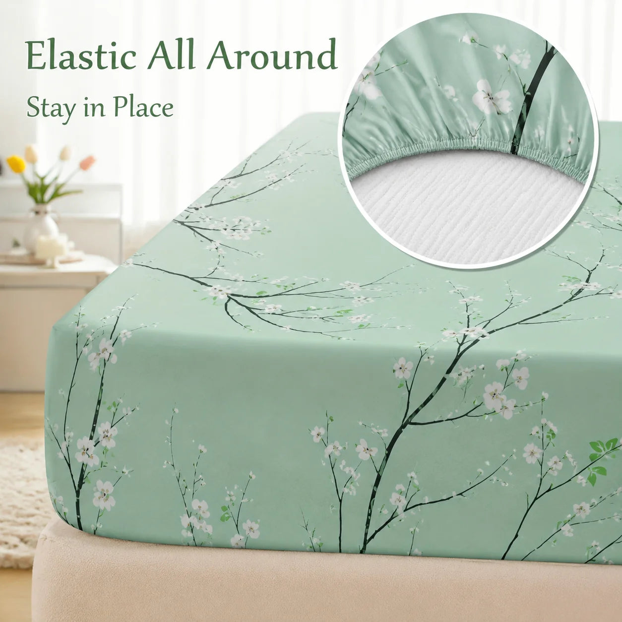 3Pcs Floral Fitted Sheet Set Soft Blossom Bed Sheet with 2 Pillowcases Deep Pocket Printed Bedding for Twin Full Queen King