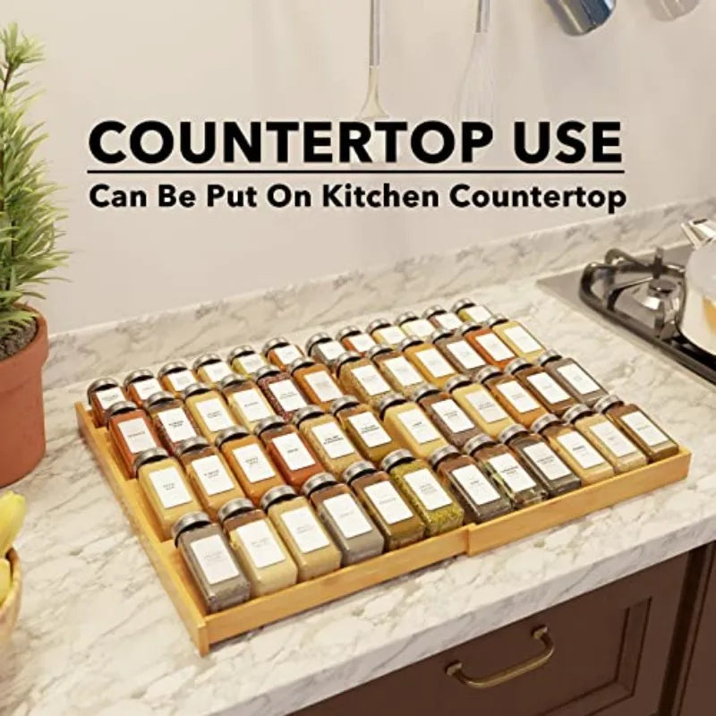 SpaceAid Bamboo Spice Drawer Organizer, (Need 3" Deep Drawer) Expandable 4 Tier Spices Rack for Cabinet, Kitchen Seasoning Storage Insert (Jars Not Included, From 12" to 23" Wide)