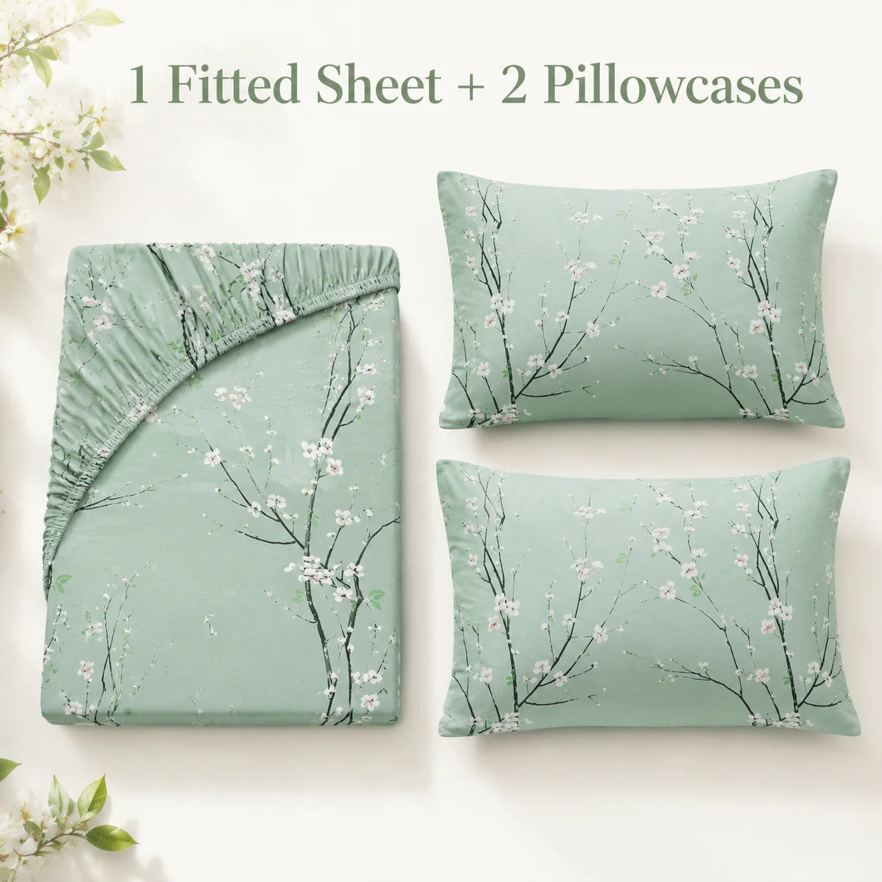3Pcs Floral Fitted Sheet Set Soft Blossom Bed Sheet with 2 Pillowcases Deep Pocket Printed Bedding for Twin Full Queen King