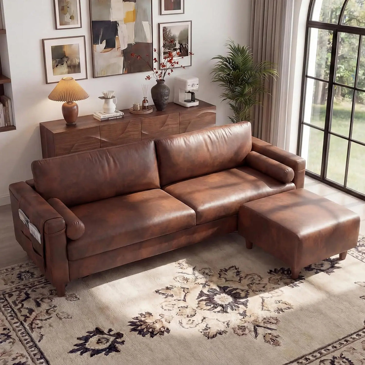 100" Faux Leather Sofa with Movable Ottoman, L Shaped 3 Seater Couch with Side Pocket, Modular Sectional for Living Room, Custom