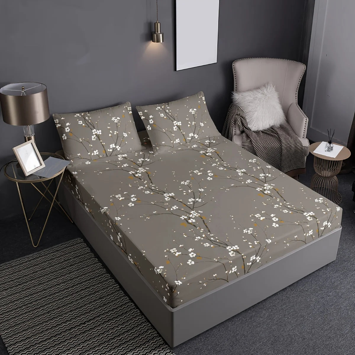 3Pcs Floral Fitted Sheet Set Soft Blossom Bed Sheet with 2 Pillowcases Deep Pocket Printed Bedding for Twin Full Queen King