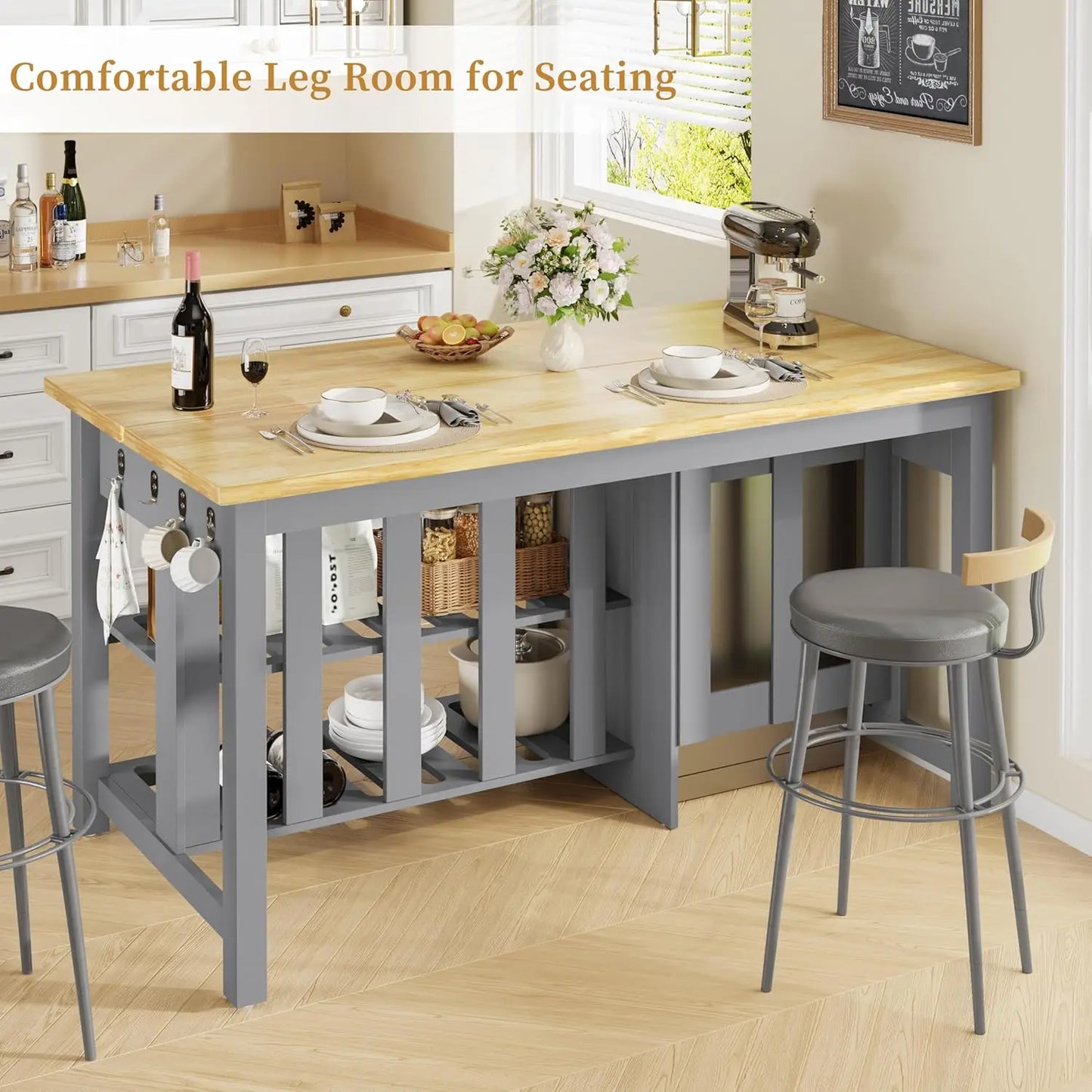 60" Solid Rubberwood Kitchen Island with Fridge Storage Space and Power Outlets, 2 Drawers & Open Shelves Coffee Bar, Custom