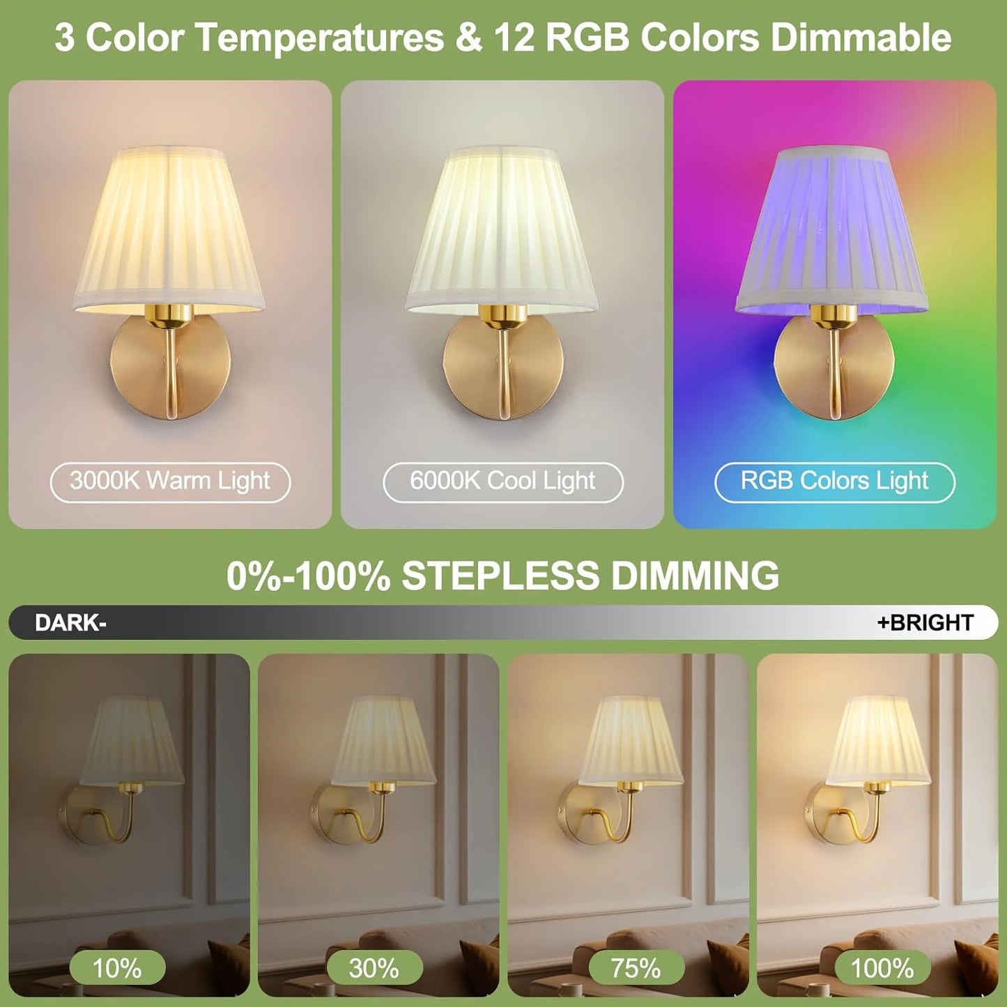 Battery-Powered Wall Light, Wireless Charging Wall Light with Remote Control, Dimmable, 15Rgb, Timer, Suitable for Living Room, Bedroom, Entryway, Gold Color