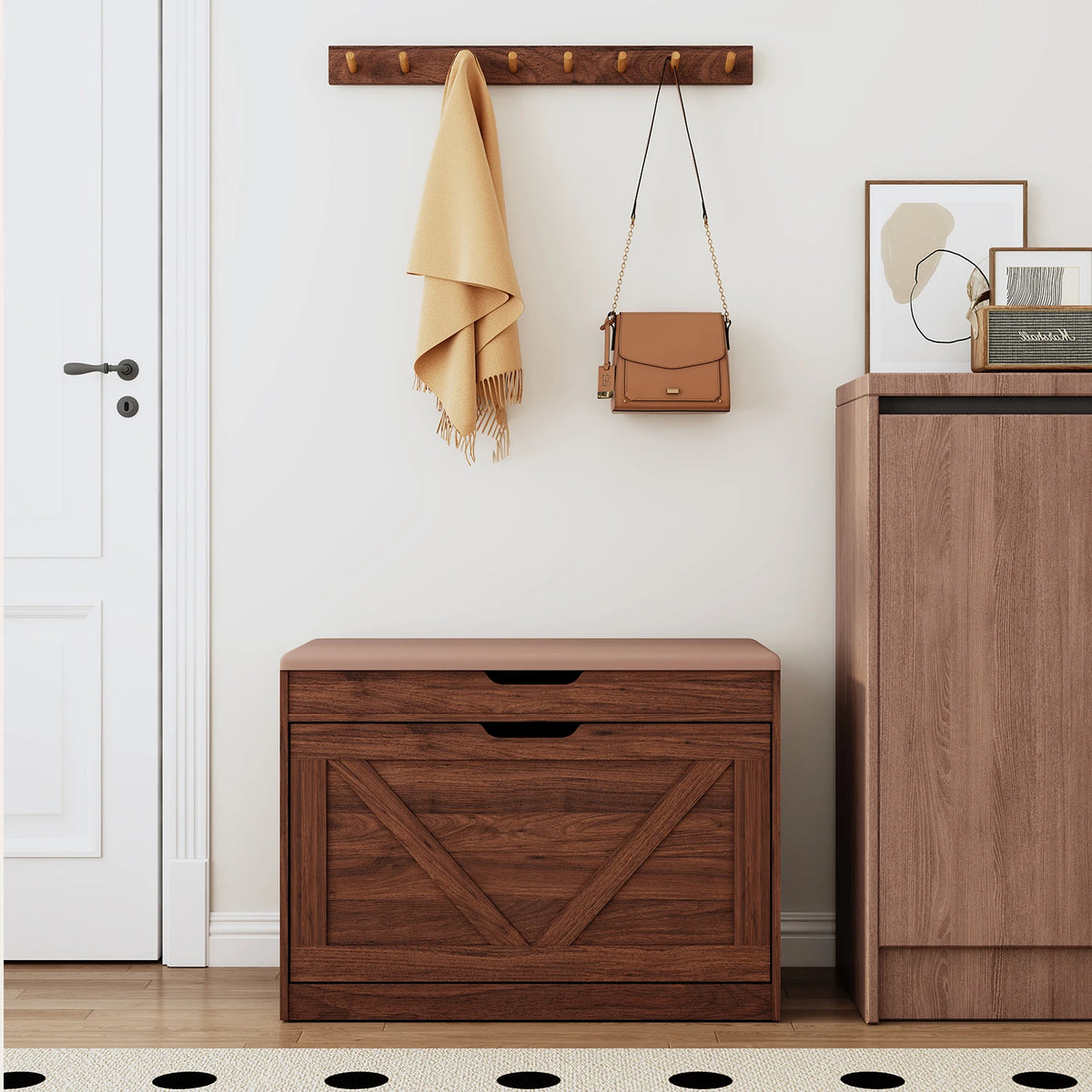 27.5" Storage Bench with Flip Drawers and Adjustable Shelf, Flip-up Cabinet & Padded Cushion - Space-Saving Shoe Cabinet, Organizer for Entryway, Hallway, Bedroom