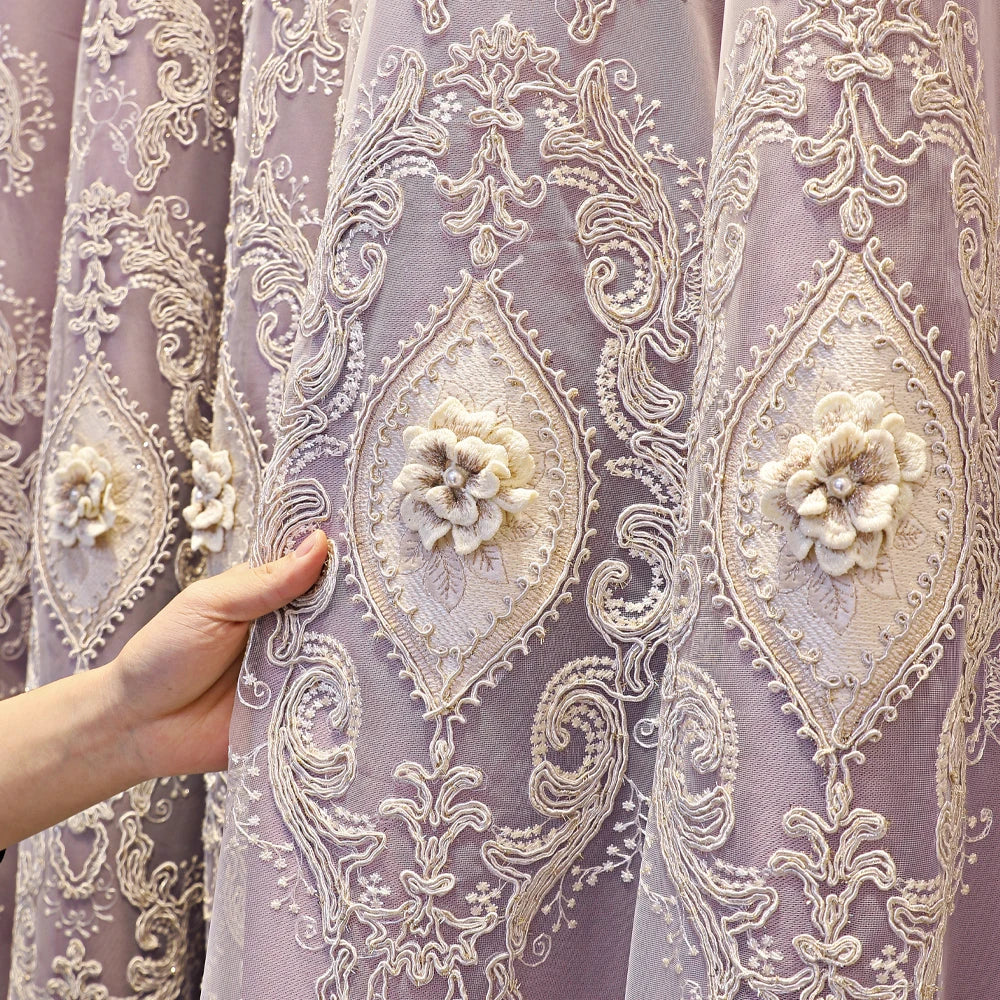 1PC Curtains,Luxury vintage-style embroidered curtains with 3D relief patterns, dual-layer design for privacy and light control