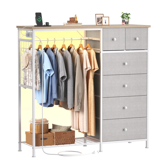 JHK 6 Drawer Fabric Dresser with Hanging Rack for Living Room Closet Storage Organizer with Charging Station and LED Lights for Home Entryway