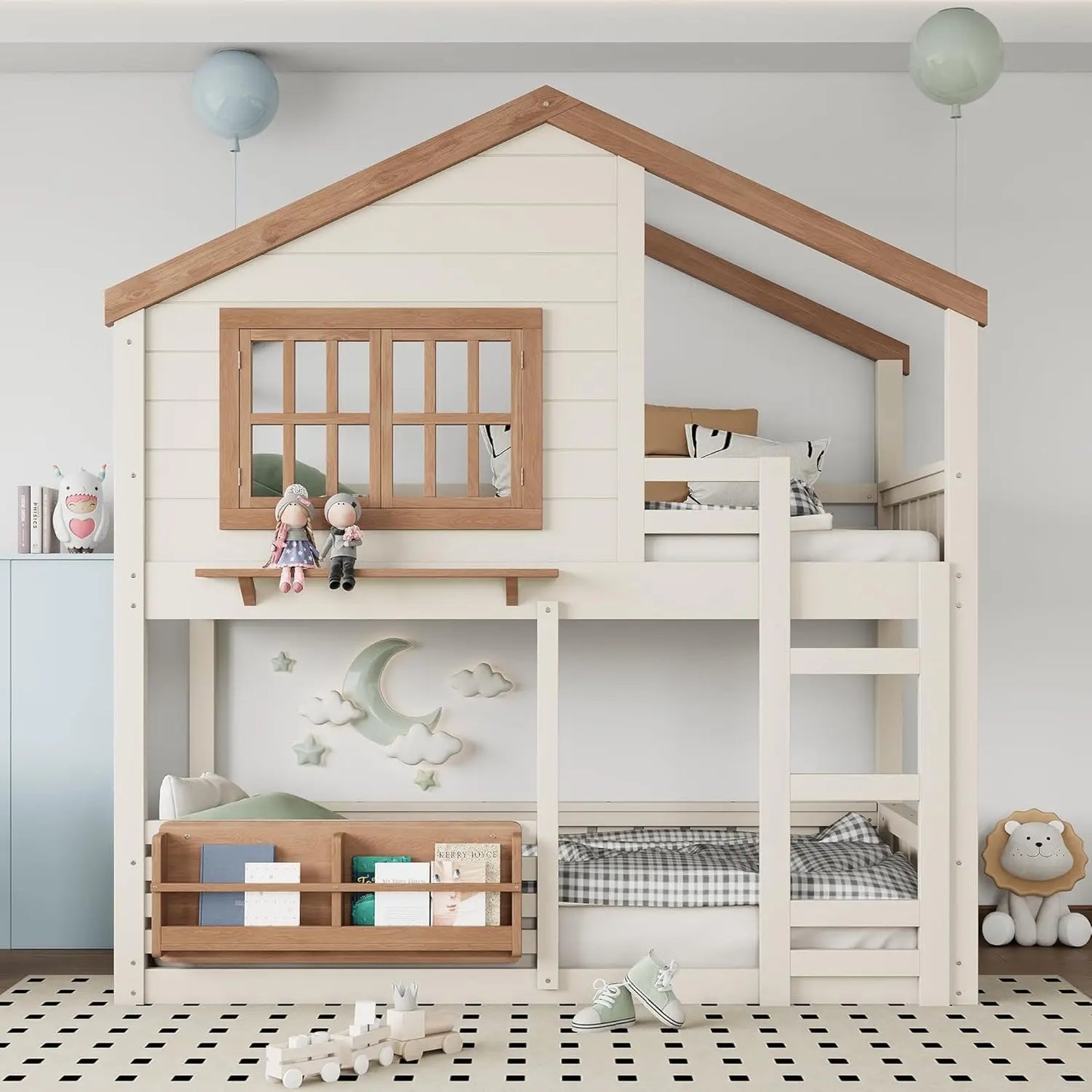 Twin Bunk Bed Window Roof Bookshelf Ladder Guardrail Solid Wood Playhouse Kids Bedroom, Custom
