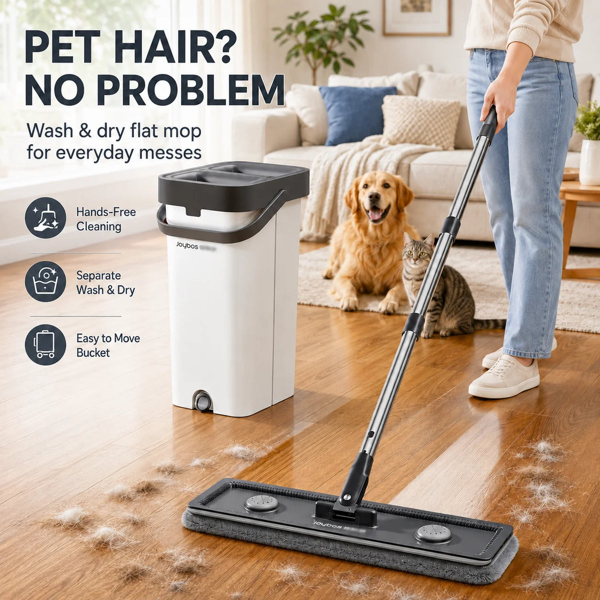 Joybos Flat Mop And Bucket Set With Hands-Free Wringer, 13-Inch Wash & Dry Dual-Chamber Floor Cleaning System, 360° Rotating Swivel Head For Hardwood/Tile, Includes 2 Coral Fleece Pads