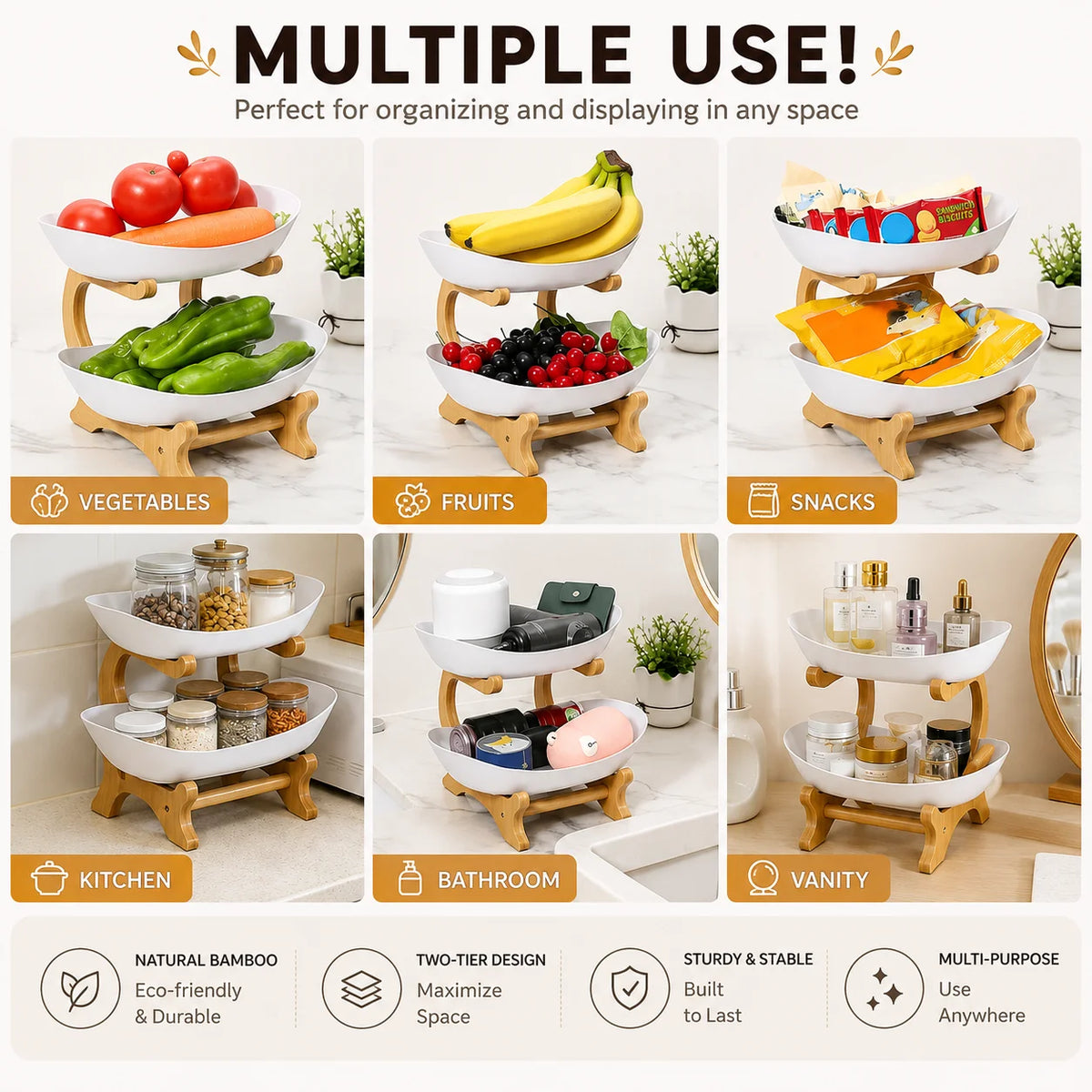 2/3-Tier Fruit Bowl with Stand, Plastic Fruit Basket with Bamboo Frame for Kitchen Countertop, Large Capacity Fruit Display Stand for Fruit, Snacks, Candy, Bread & Party, Gold Fork Included