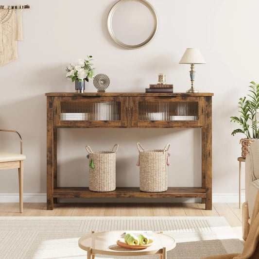 Narrow Console Table 2 Glass-Front Drawers 2-Tier Wood Sofa/Entryway Table with Open Storage Shelf for Living Room Hallway Foyer