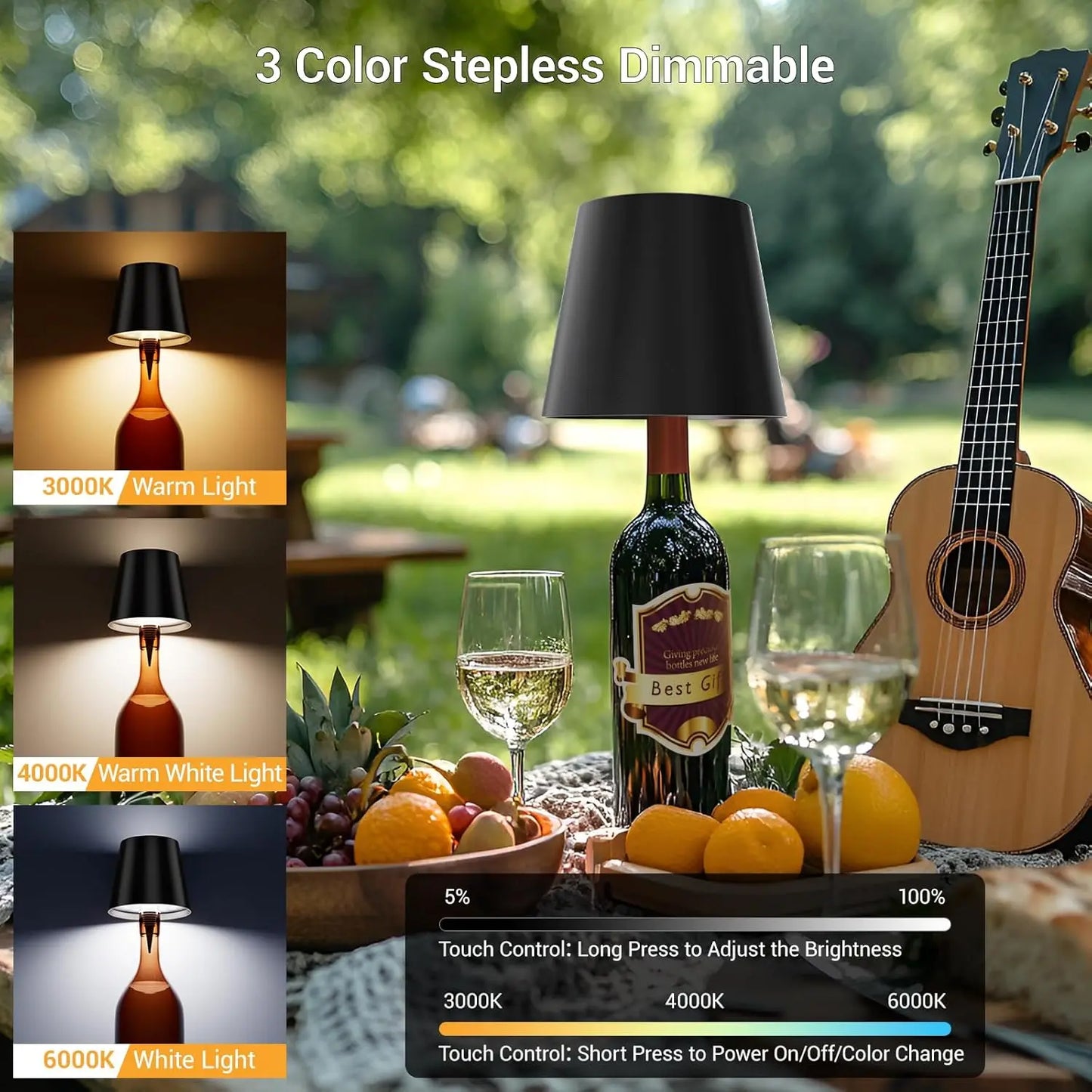 Wireless Bottle Table Lamp Touch Control of 3 Colors and Stepless Dimming Night Lamp Suitable for Bar Wine Bottles Desk Lights