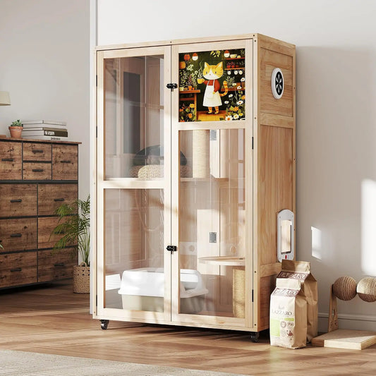 Large Wooden Cat House on Wheels, Indoor Cat Villa with Condo, Multi Platforms, Scratchers, Vent, Litter Box Area,, Custom