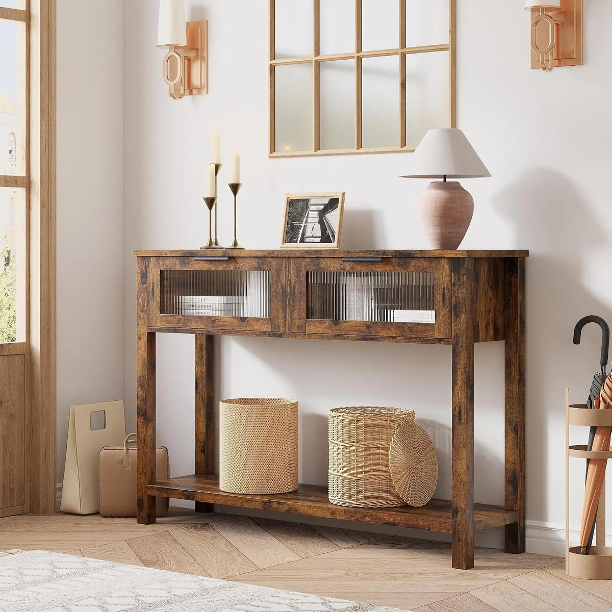 Narrow Console Table 2 Glass-Front Drawers 2-Tier Wood Sofa/Entryway Table with Open Storage Shelf for Living Room Hallway Foyer