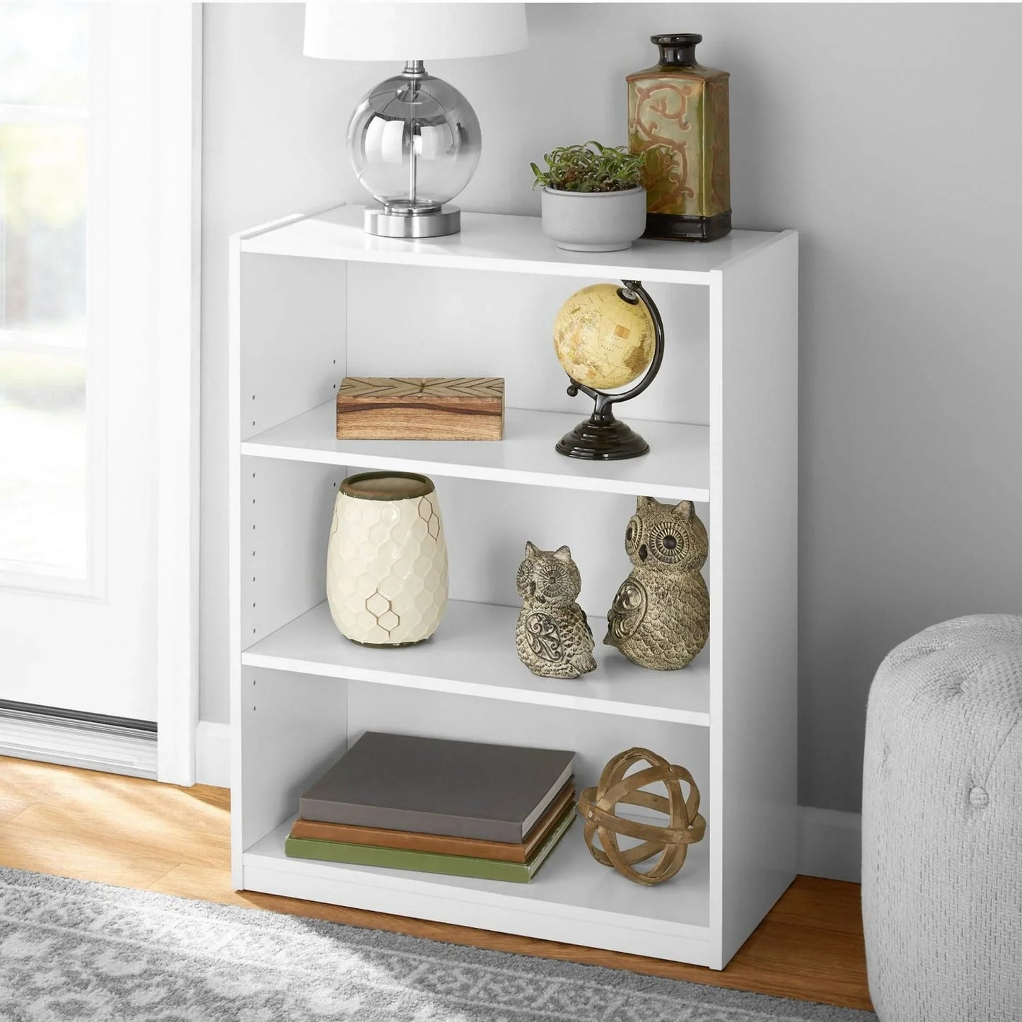 3-Shelf Bookcase with Adjustable Shelves, White, Freestanding Storage Organizer for Books, Office Supplies, Toys, Kitchen, Bathroom, Closet, Durable Wood/Plastic Frame, Easy to Assemble, Space-Saving Multi-Purpose Shelf, Home