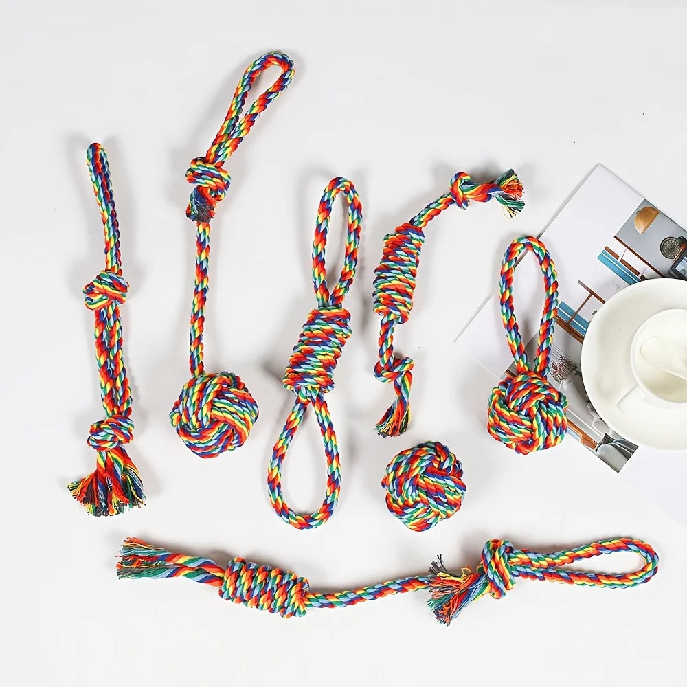 7pcs Durable Color Rainbow Blend Dog Leash Knot Toy Set - Tough chew toys-Pet Interactive Training Play And Dental Health