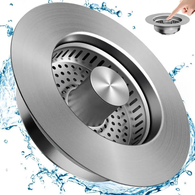 3-in-1 Stainless Steel Kitchen Sink Strainer - Pop-Up Stopper with Anti-Clogging Basket and Odor Filter, Easy Clean Drain Strain