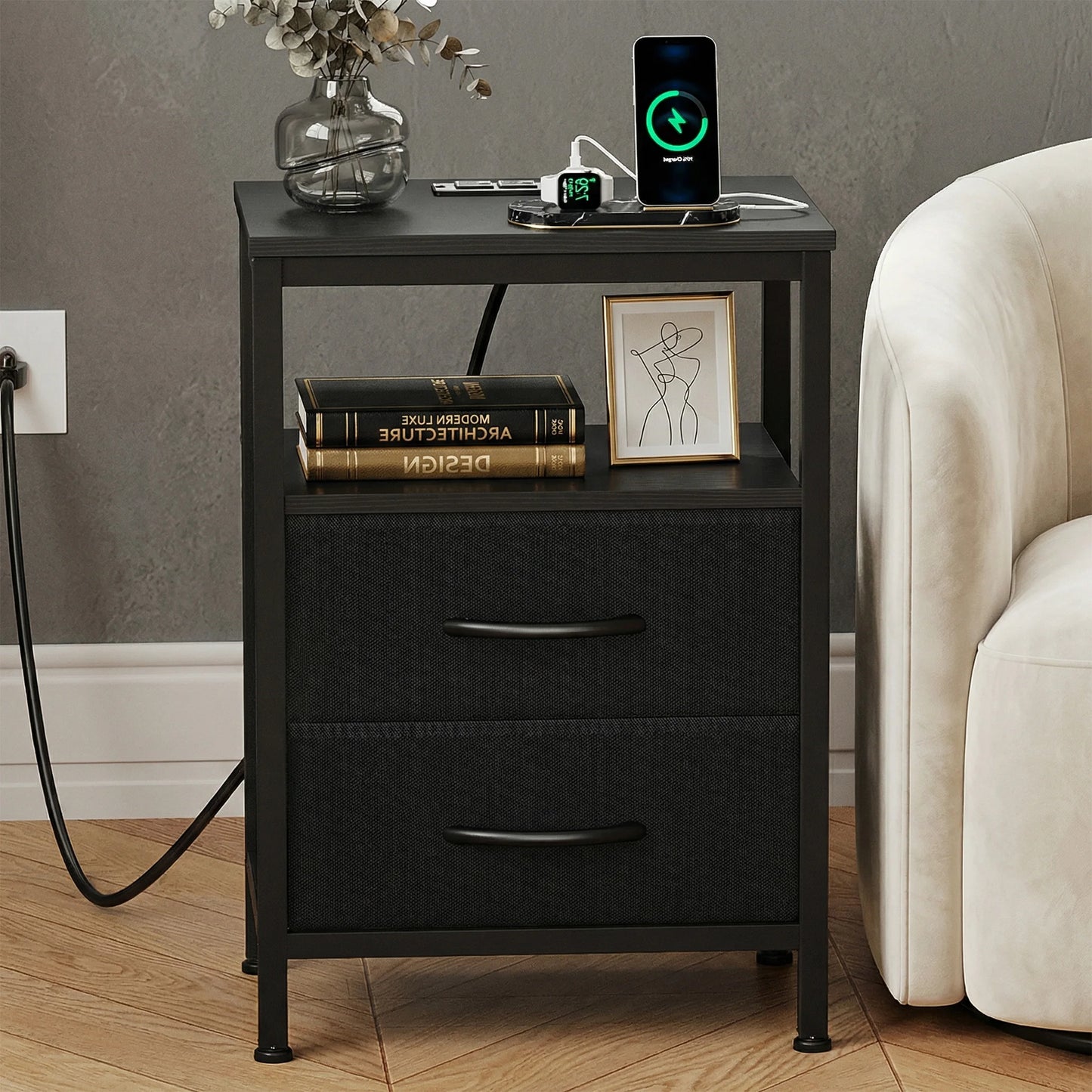 JHK 2 Fabric Drawers Night Stand with Open Shelf Bedside Table with USB Ports Charging Station Storage End Table for Living Room