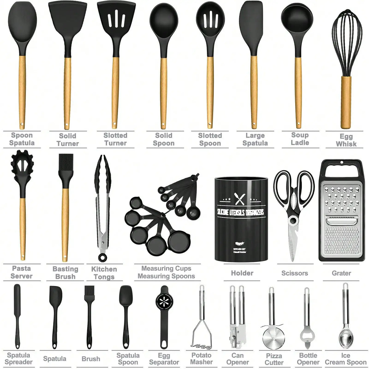 Silicone Kitchen Utensils Set Modern Cooking Utensil Set 34 PCS Black Heat Resistant Silicone Wooden Handles With Holder Nonstick Cooking Spatula Set For Cooking Baking Kitchen Gadgets Tools Set Housewarming Gift