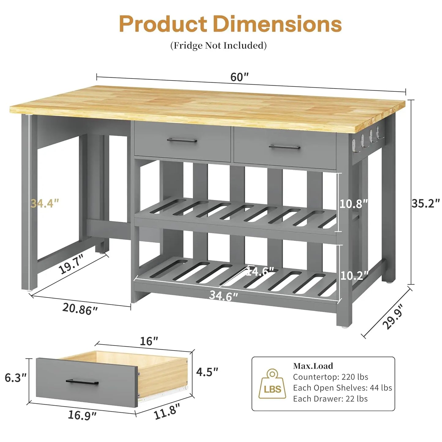 60" Solid Rubberwood Kitchen Island with Fridge Storage Space and Power Outlets, 2 Drawers & Open Shelves Coffee Bar, Custom