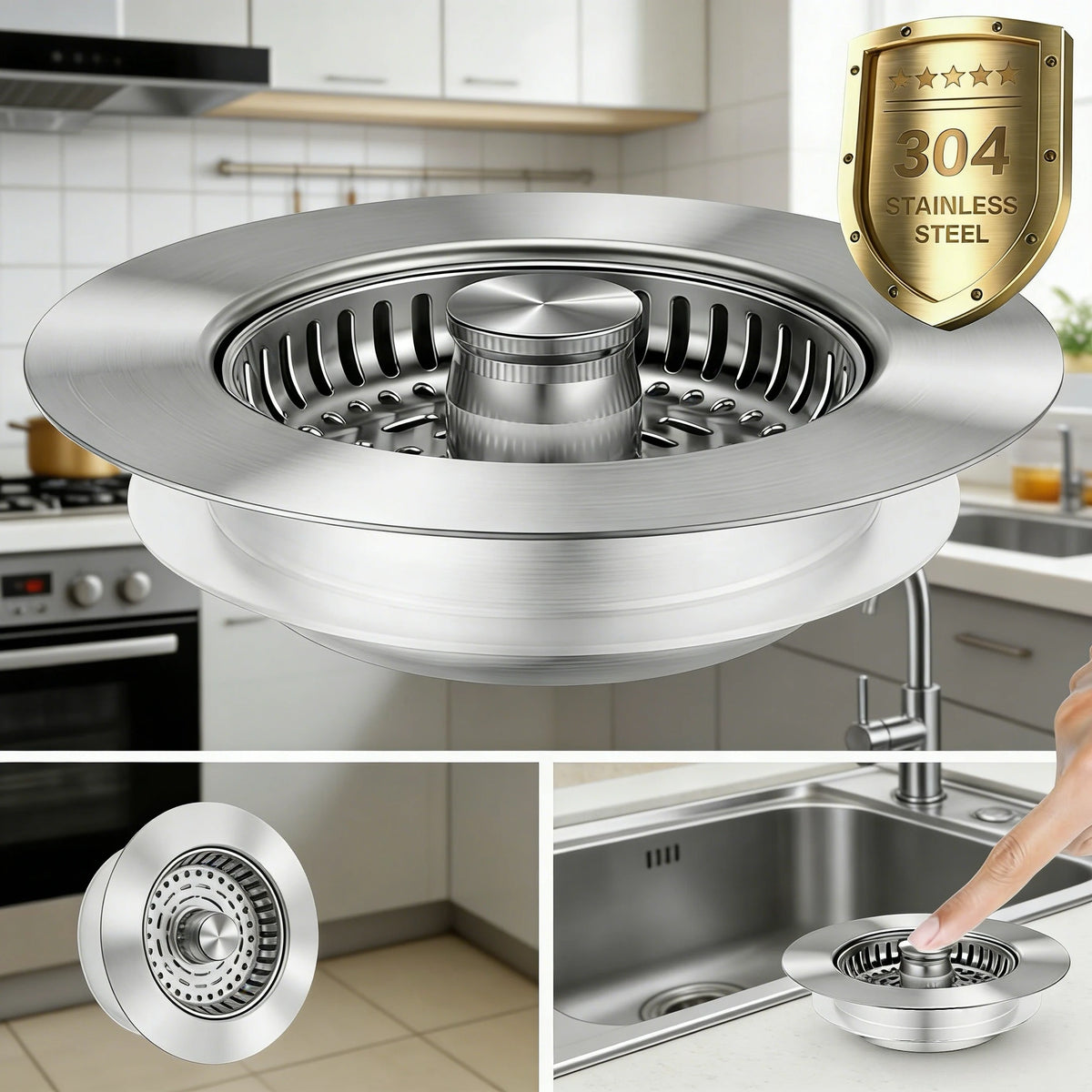3-in-1 Stainless Steel Kitchen Sink Strainer - Pop-Up Stopper with Anti-Clogging Basket and Odor Filter, Easy Clean Drain Strain