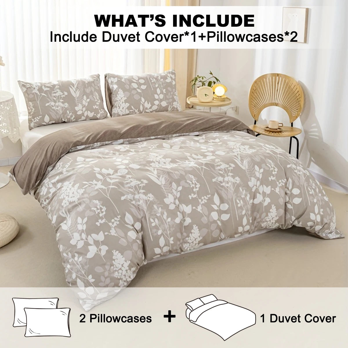 Nihe Sunlight Plant Print Three-Piece Set, Breathable and Soft, Suitable for All Seasons, 1 Duvet Cover + 2 Pillowcases