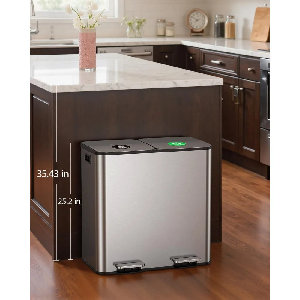Dual Trash and Recycling Bins for Kitchen, 2 * 11-Gallon Stainless Steel Double Trash Can, Step-On Garbage, Customized