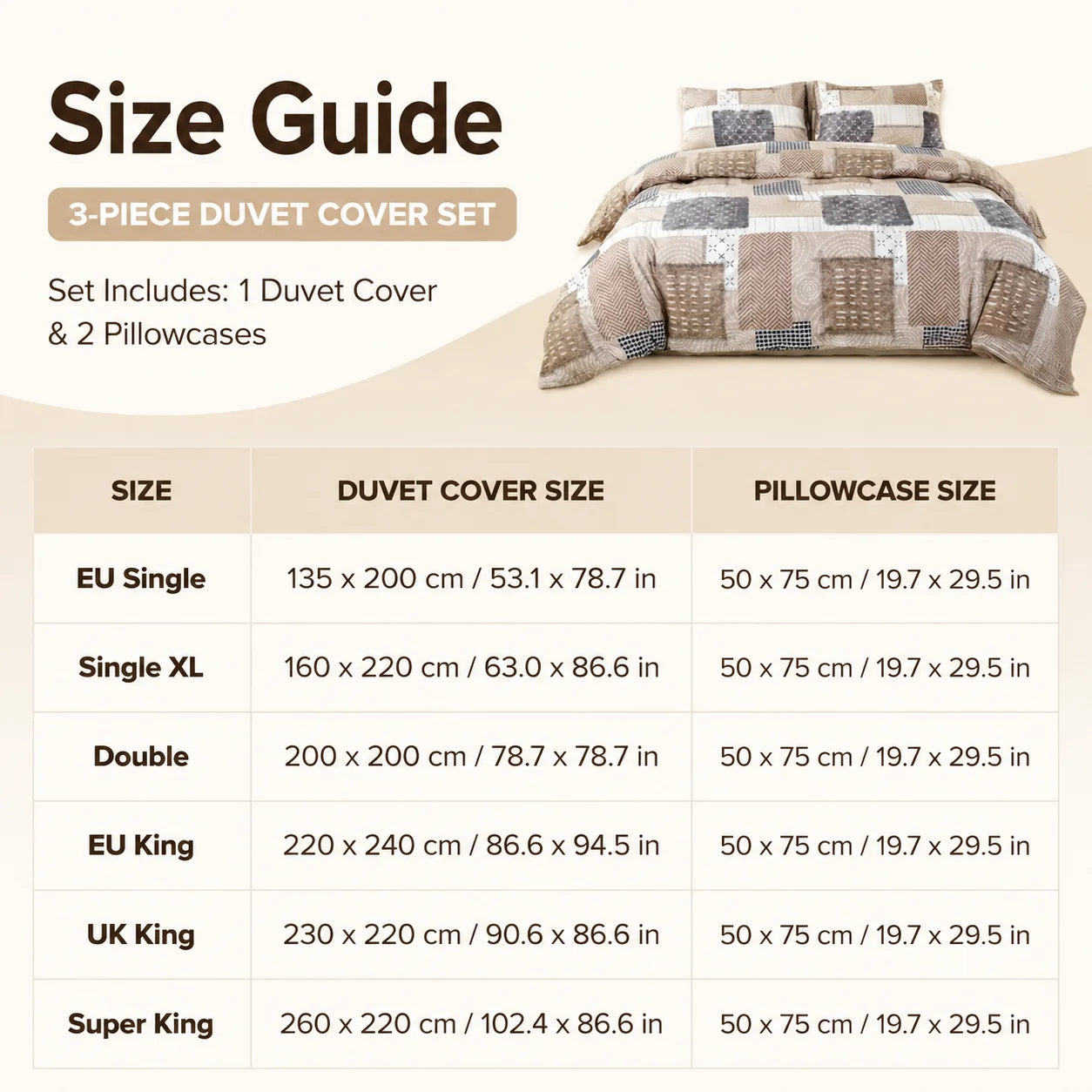 Boho Patchwork Duvet Cover Set, Beige Grey Geometric Bedding Set, Farmhouse Soft Bed Cover with Pillowcases, Twin Full Queen King Breathable and Ultra-Soft, Suitable for All Seasons, Includes 1 Duvet Cover and 1-2 Pillowcases