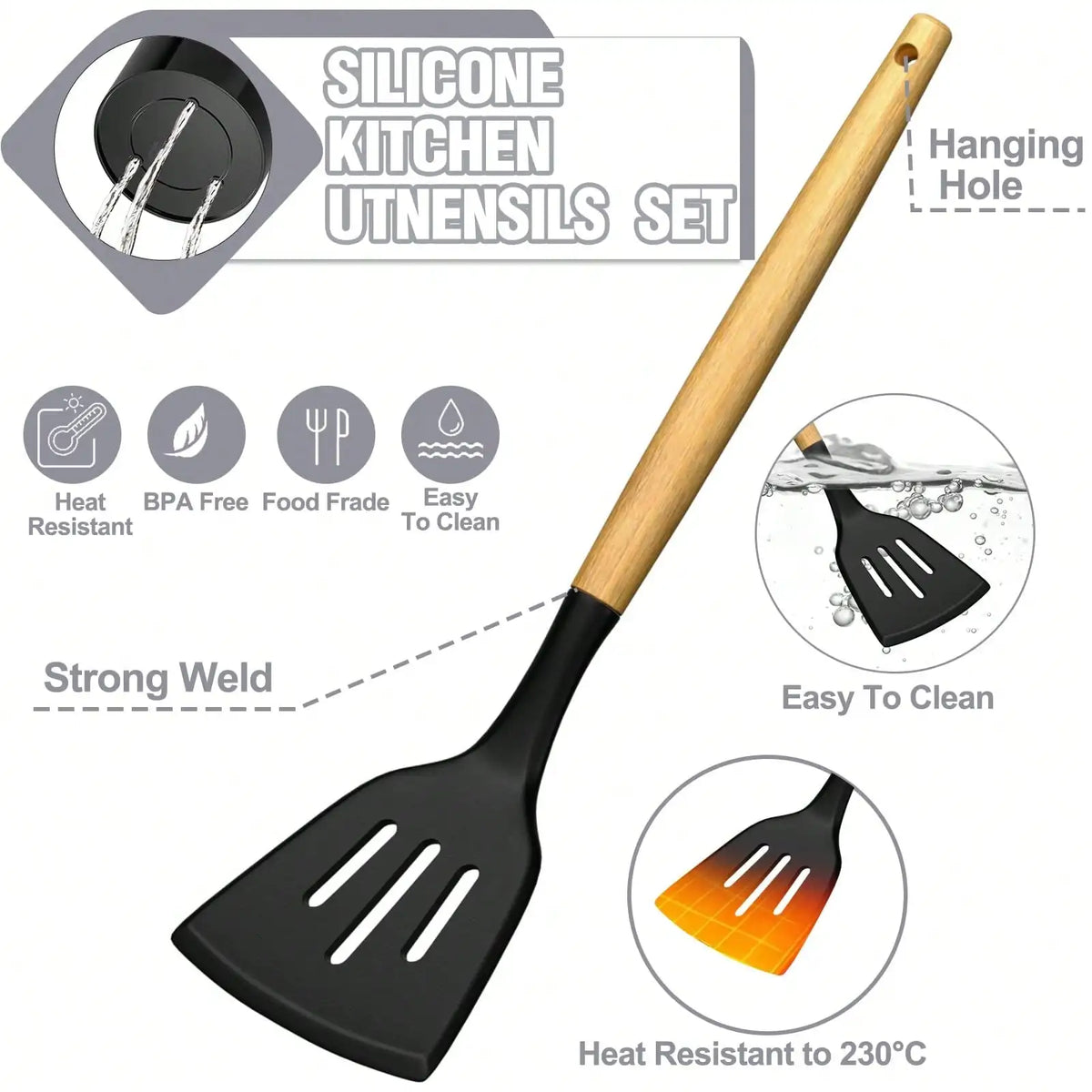 Silicone Kitchen Utensils Set Modern Cooking Utensil Set 34 PCS Black Heat Resistant Silicone Wooden Handles With Holder Nonstick Cooking Spatula Set For Cooking Baking Kitchen Gadgets Tools Set Housewarming Gift