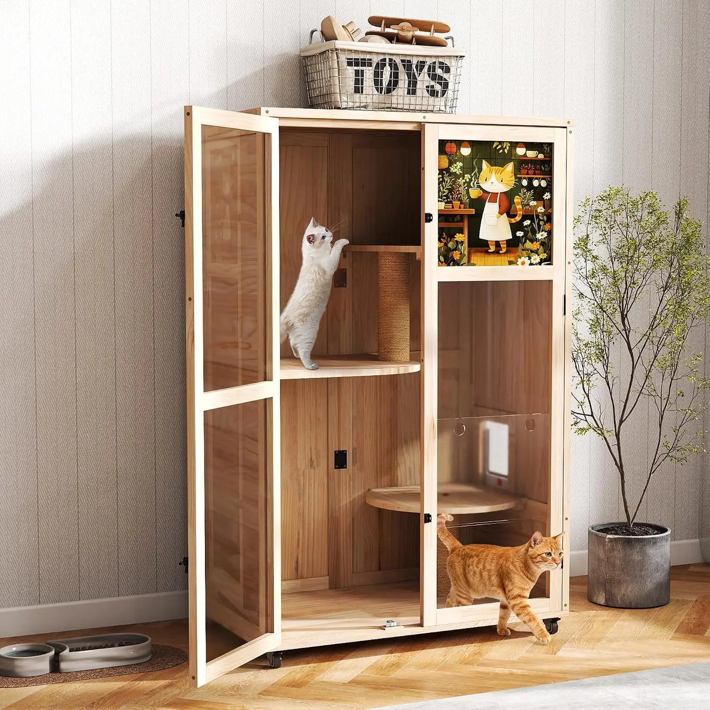Large Wooden Cat House on Wheels, Indoor Cat Villa with Condo, Multi Platforms, Scratchers, Vent, Litter Box Area,, Custom