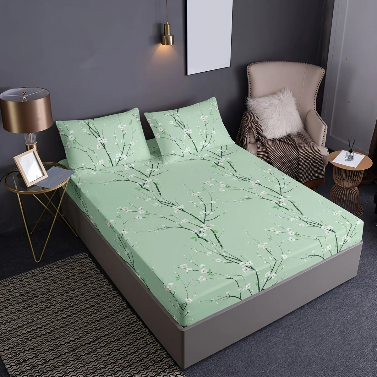 3Pcs Floral Fitted Sheet Set Soft Blossom Bed Sheet with 2 Pillowcases Deep Pocket Printed Bedding for Twin Full Queen King